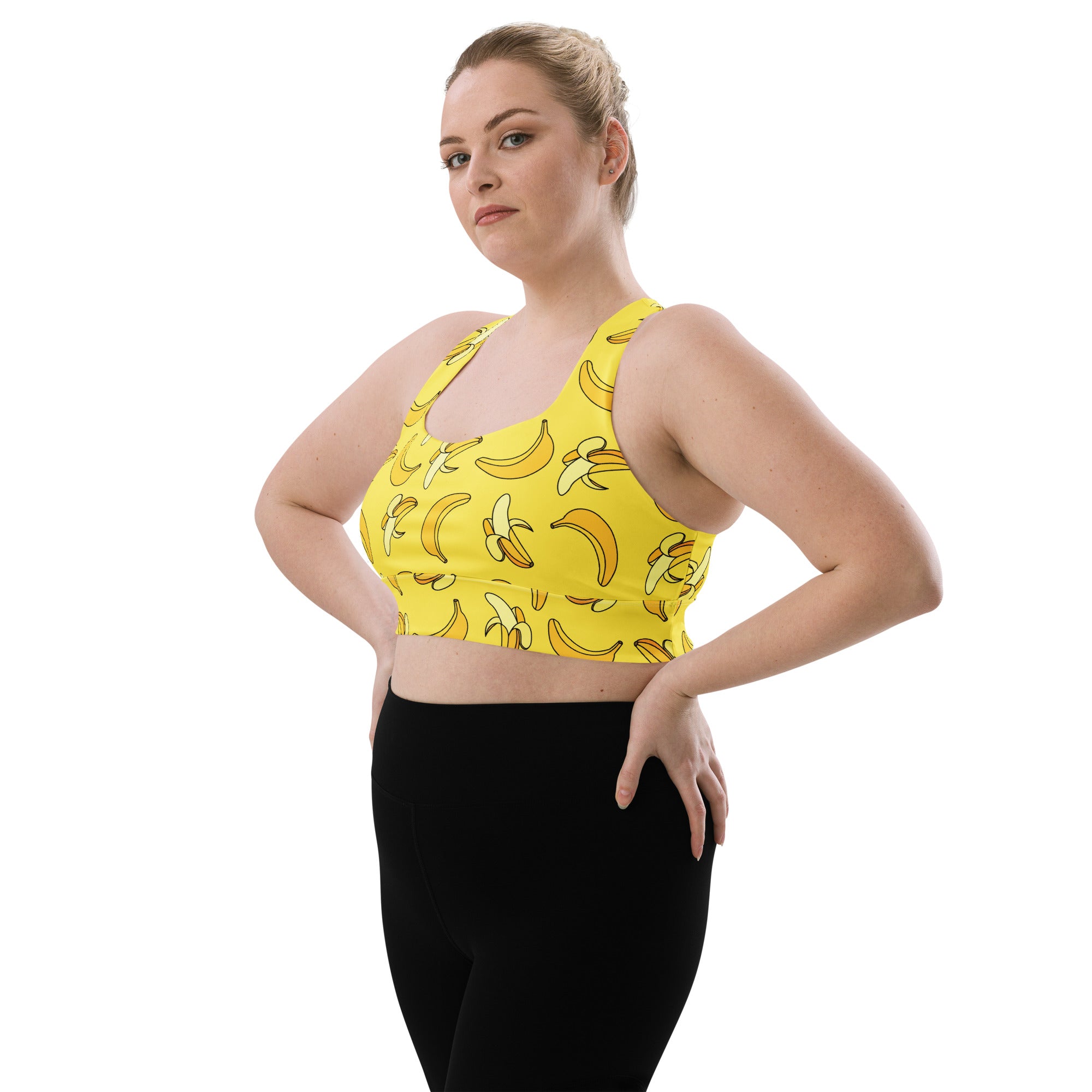 Women’s yellow banana print buttery soft recycled longline sports bra with high intensity support and quick dry fabric