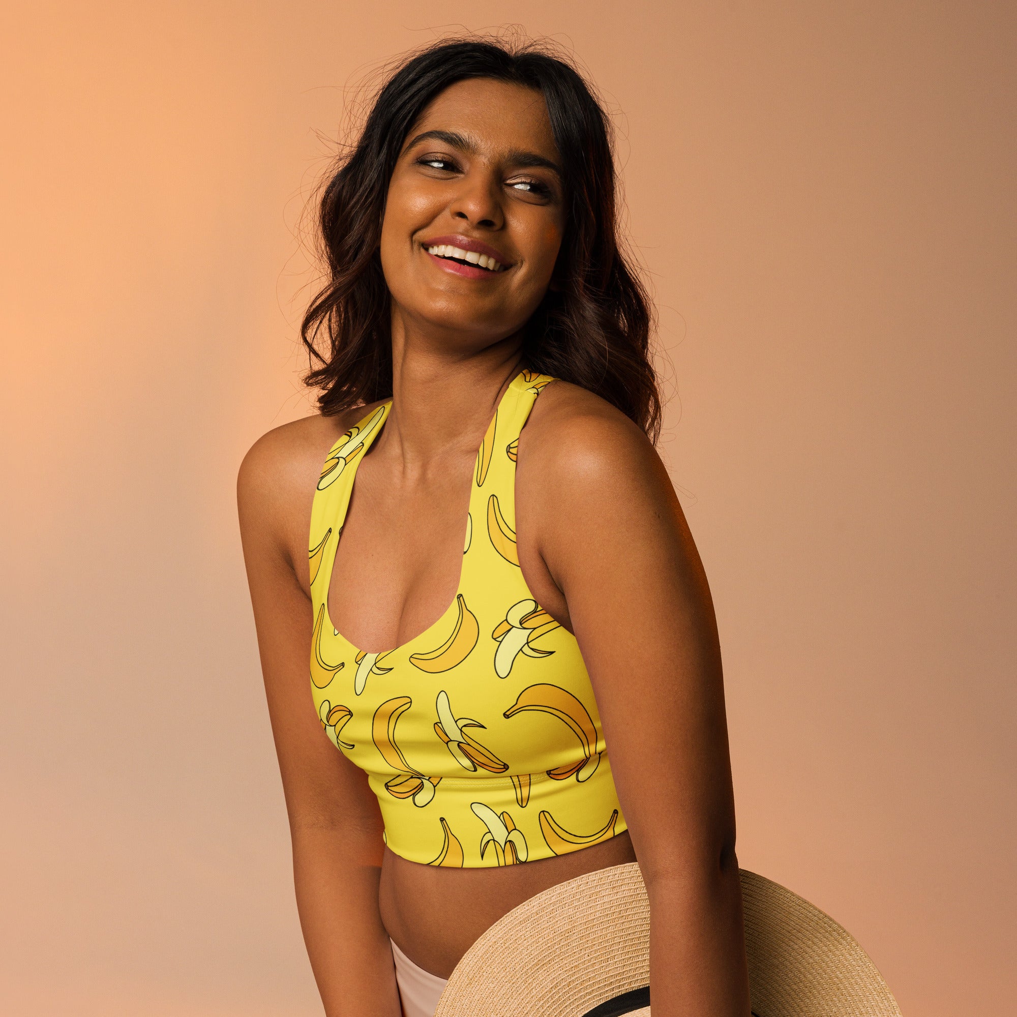 Women’s yellow banana print buttery soft recycled longline sports bra with high intensity support and quick dry fabric