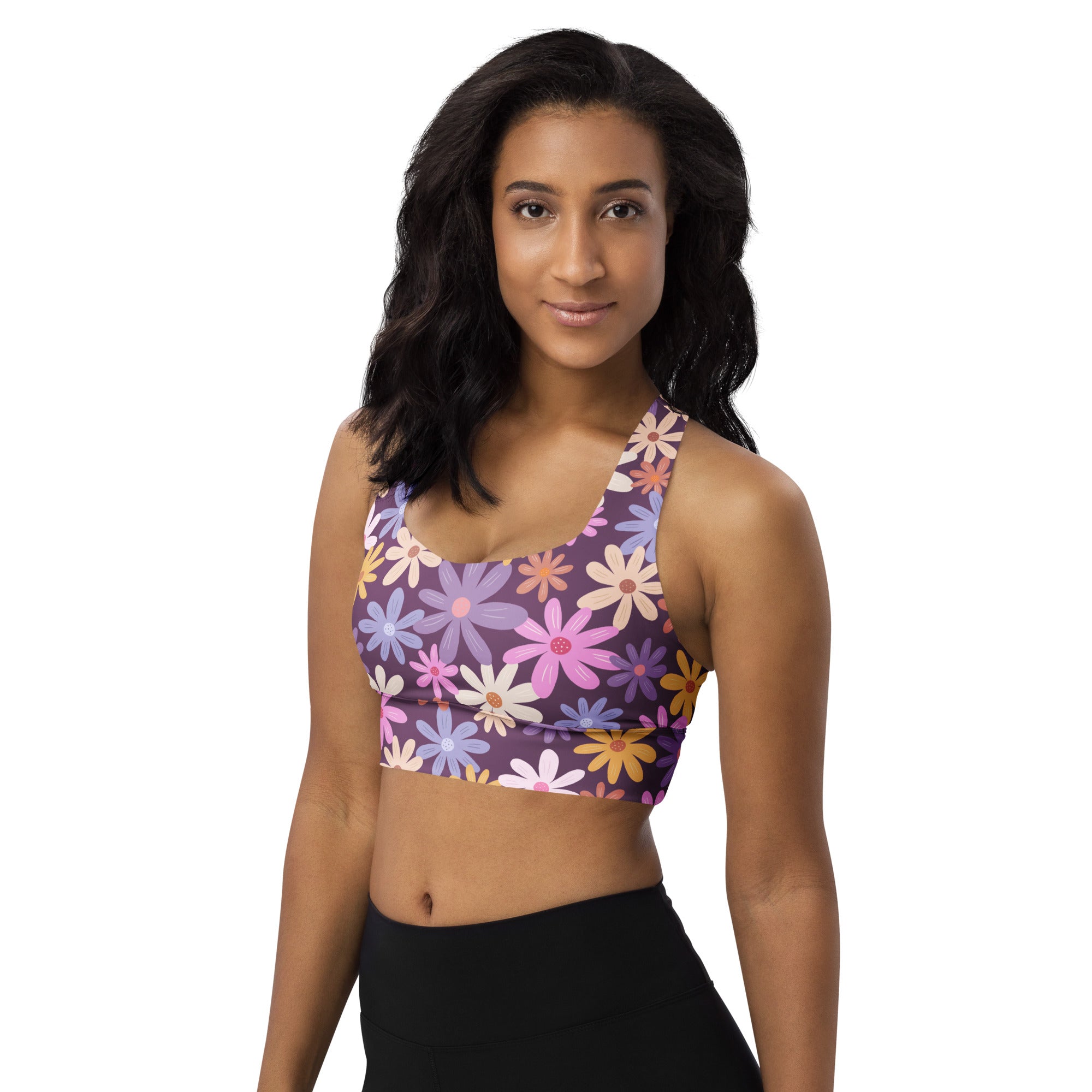 Women’s purple floral buttery soft recycled longline sports bra with pink white and yellow daisies for high intensity support