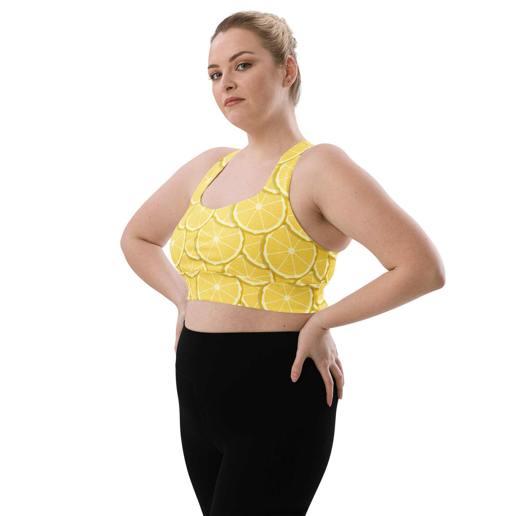 Yellow lemon slice patterned buttery soft recycled longline sports bra with high intensity support and upf 50+ protection