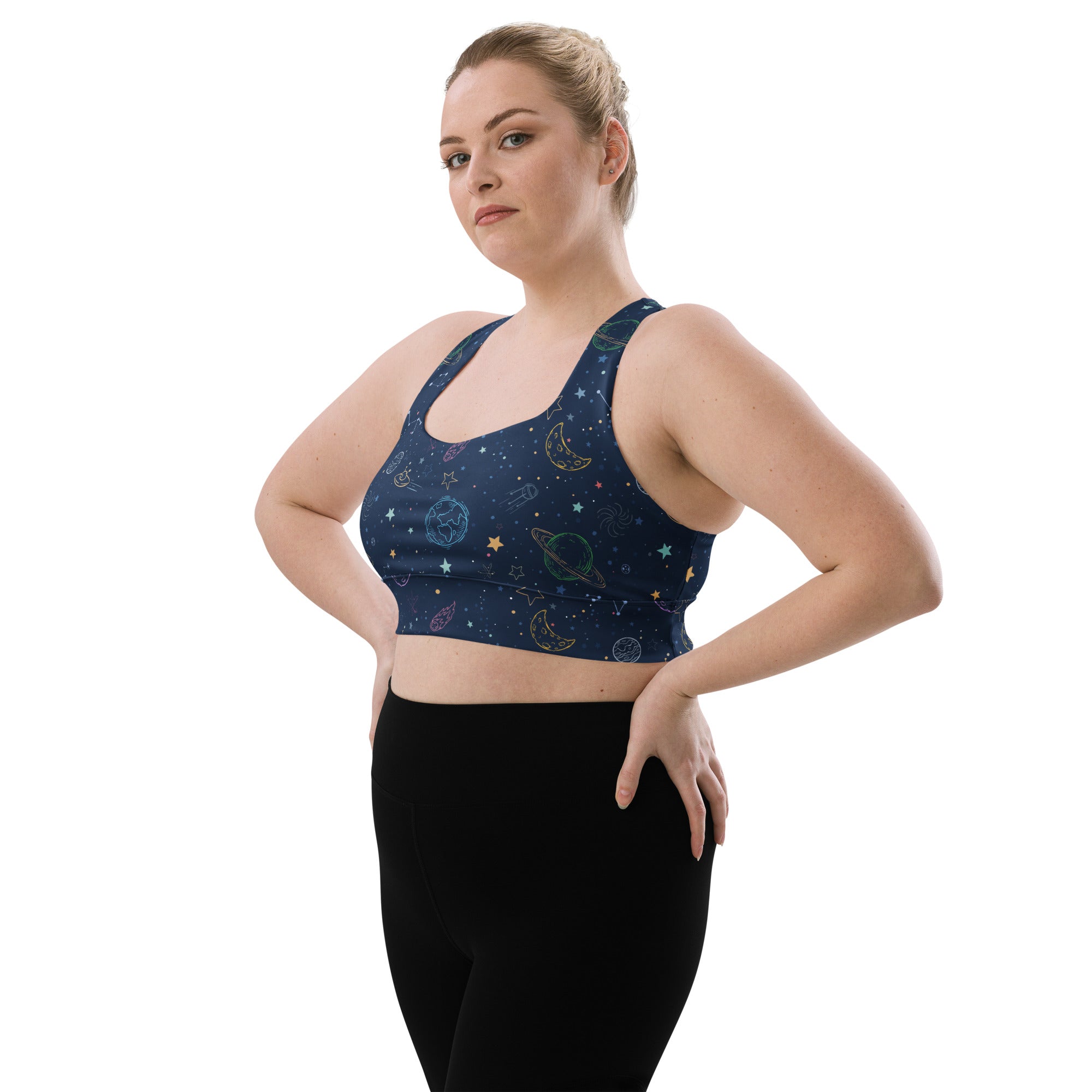 Navy blue space-themed women’s longline sports bra with yellow and white celestial illustrations quick dry upf 50+