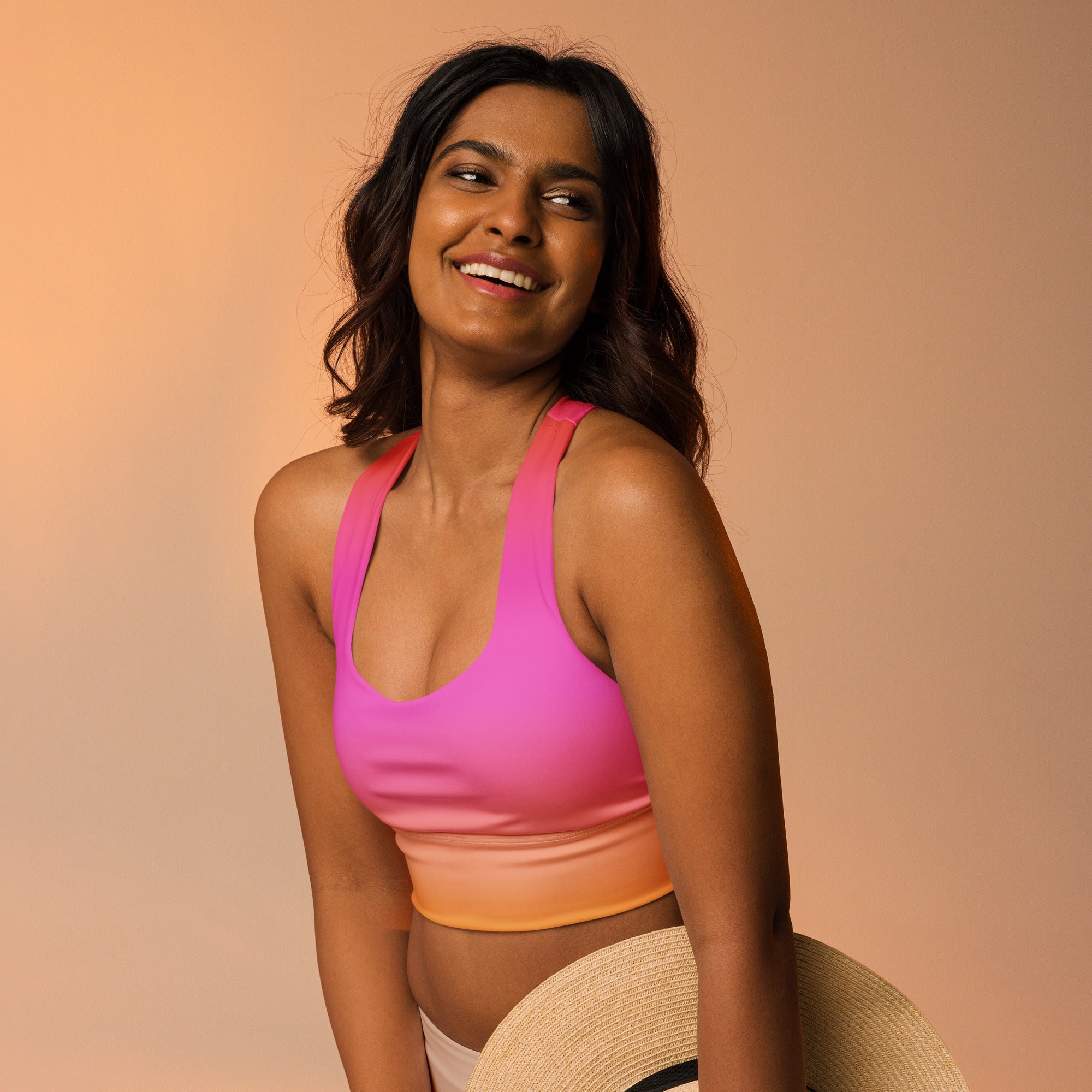 Women’s Sunset Ombre Buttery Soft Recycled Longline Sports Bra – High Intensity Support, Removable Padding, Quick Dry & UPF 50+