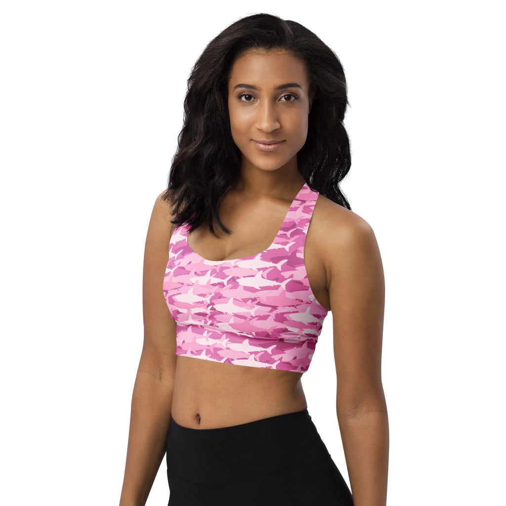 Women’s pink and white shark camouflage sports bra buttery soft recycled fabric high intensity support quick dry upf 50+