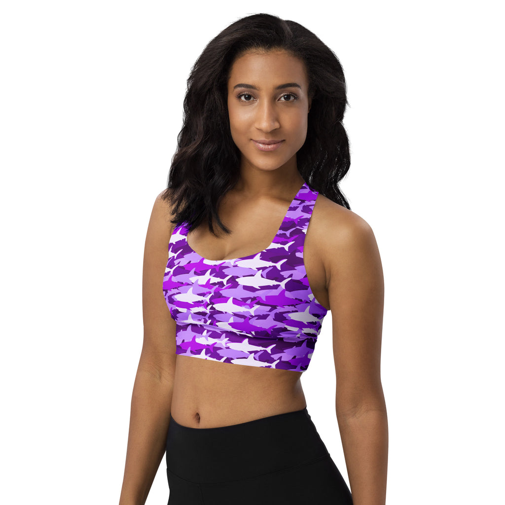 Women’s purple and white shark camouflage sports bra made from buttery soft recycled fabric with high intensity support