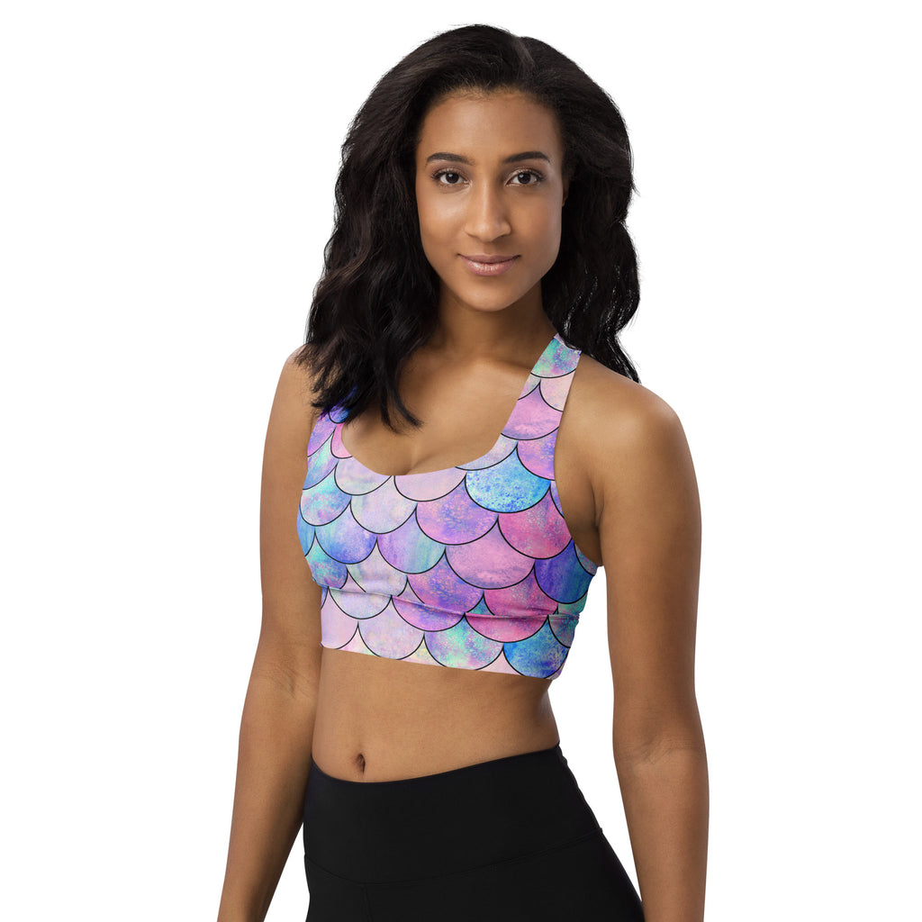 Women’s Pastel Mermaid Buttery Soft Recycled Longline Sports Bra – High Intensity Support, Removable Padding, Quick Dry & UPF 50+