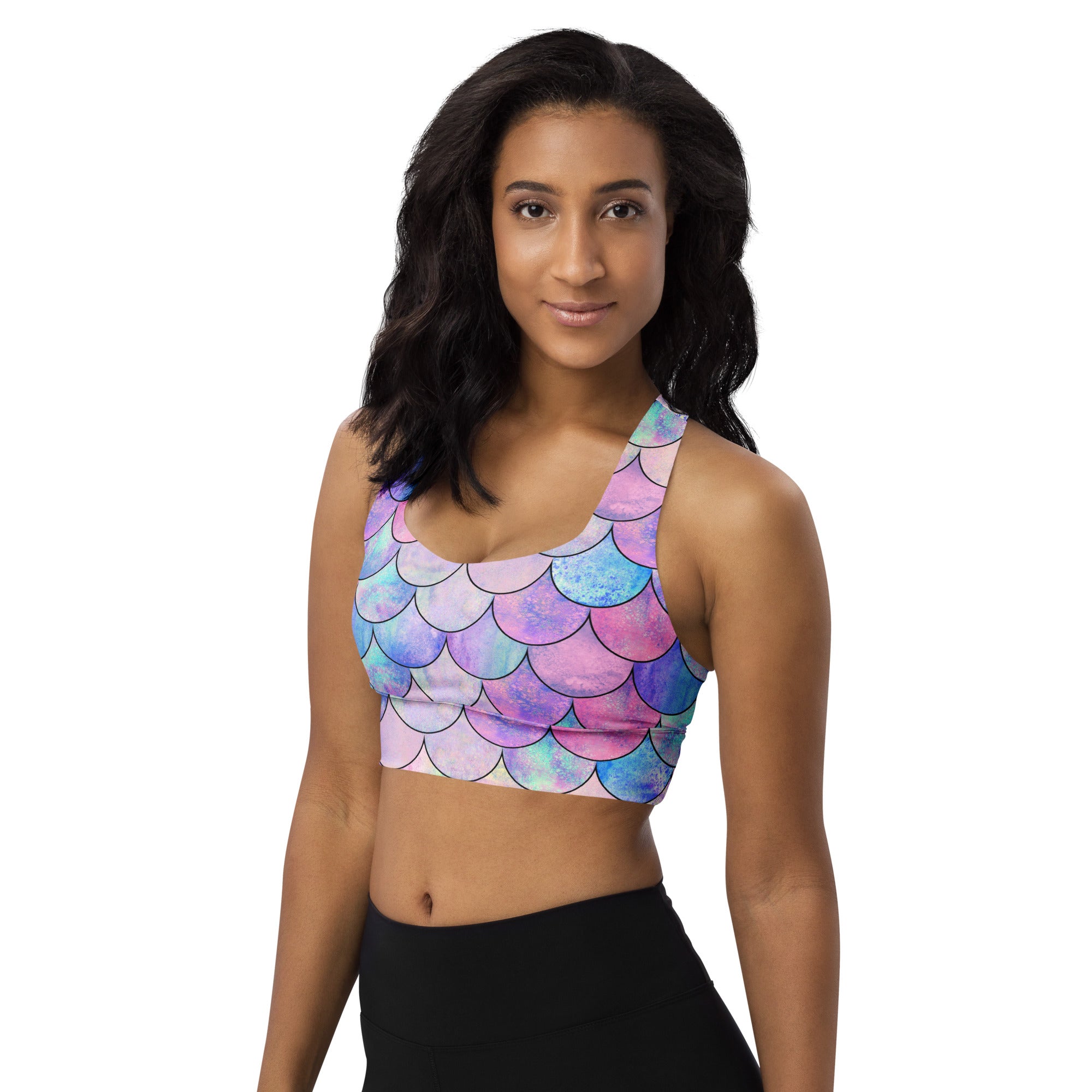 Women’s Pastel Mermaid Buttery Soft Recycled Longline Sports Bra – High Intensity Support, Removable Padding, Quick Dry & UPF 50+