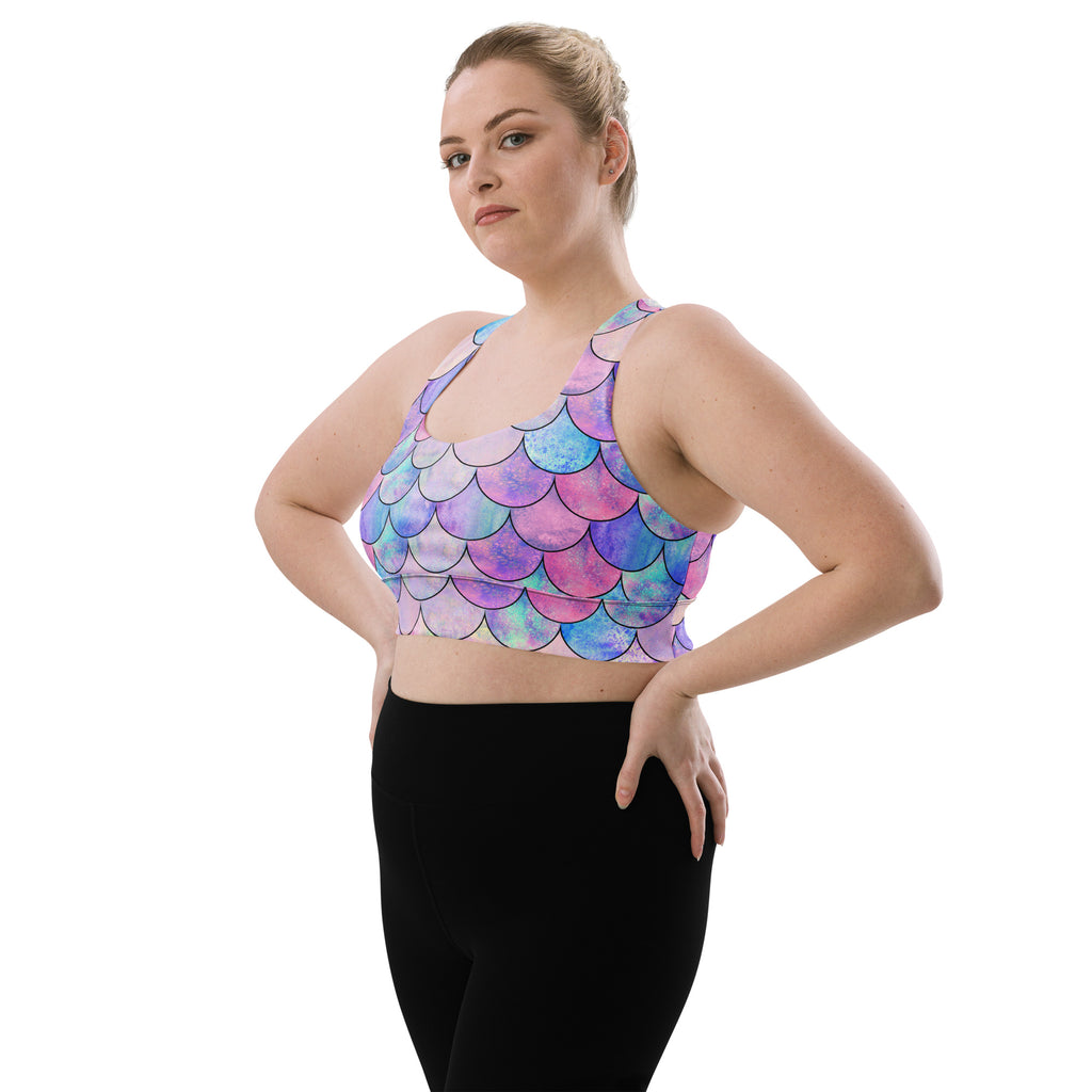 Women’s Pastel Mermaid Buttery Soft Recycled Longline Sports Bra – High Intensity Support, Removable Padding, Quick Dry & UPF 50+