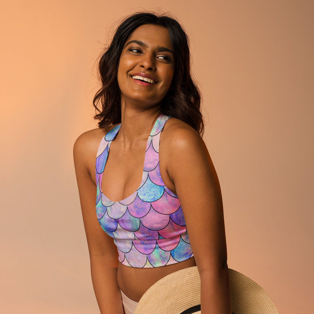 Women’s Pastel Mermaid Buttery Soft Recycled Longline Sports Bra – High Intensity Support, Removable Padding, Quick Dry & UPF 50+