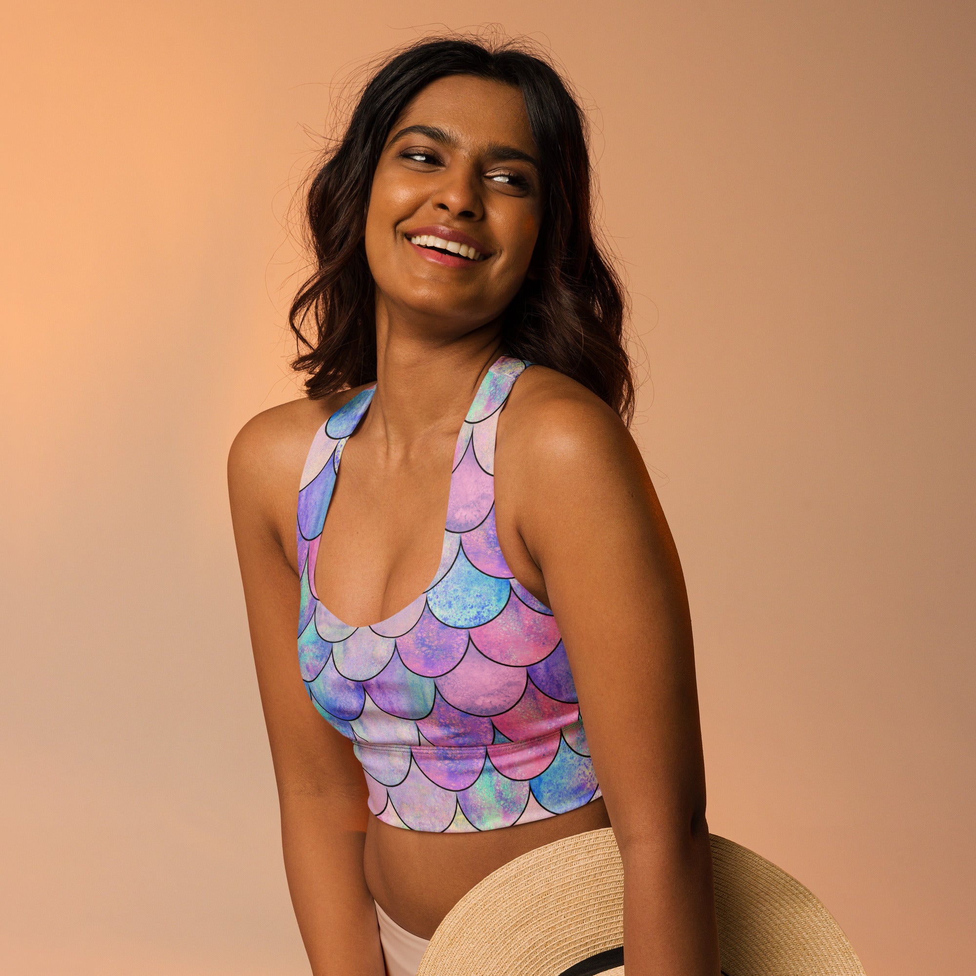 Women’s Pastel Mermaid Buttery Soft Recycled Longline Sports Bra – High Intensity Support, Removable Padding, Quick Dry & UPF 50+