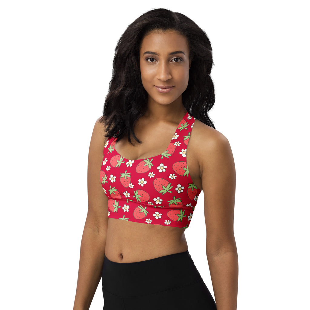 Red longline sports bra with playful strawberry and white flower pattern high intensity support quick dry and upf 50+