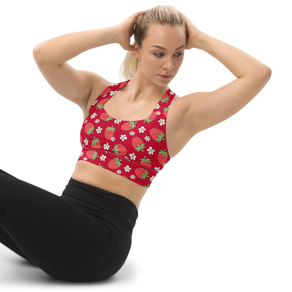 Women’s red sports bra with strawberry and daisy pattern buttery soft recycled fabric high intensity support
