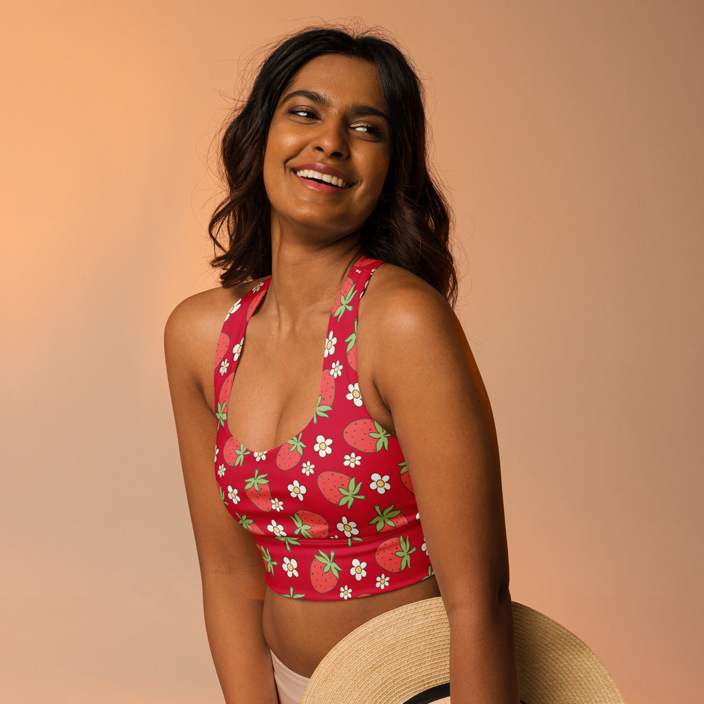 Women’s strawberry and daisy buttery soft recycled longline sports bra with red strawberry and white flower print