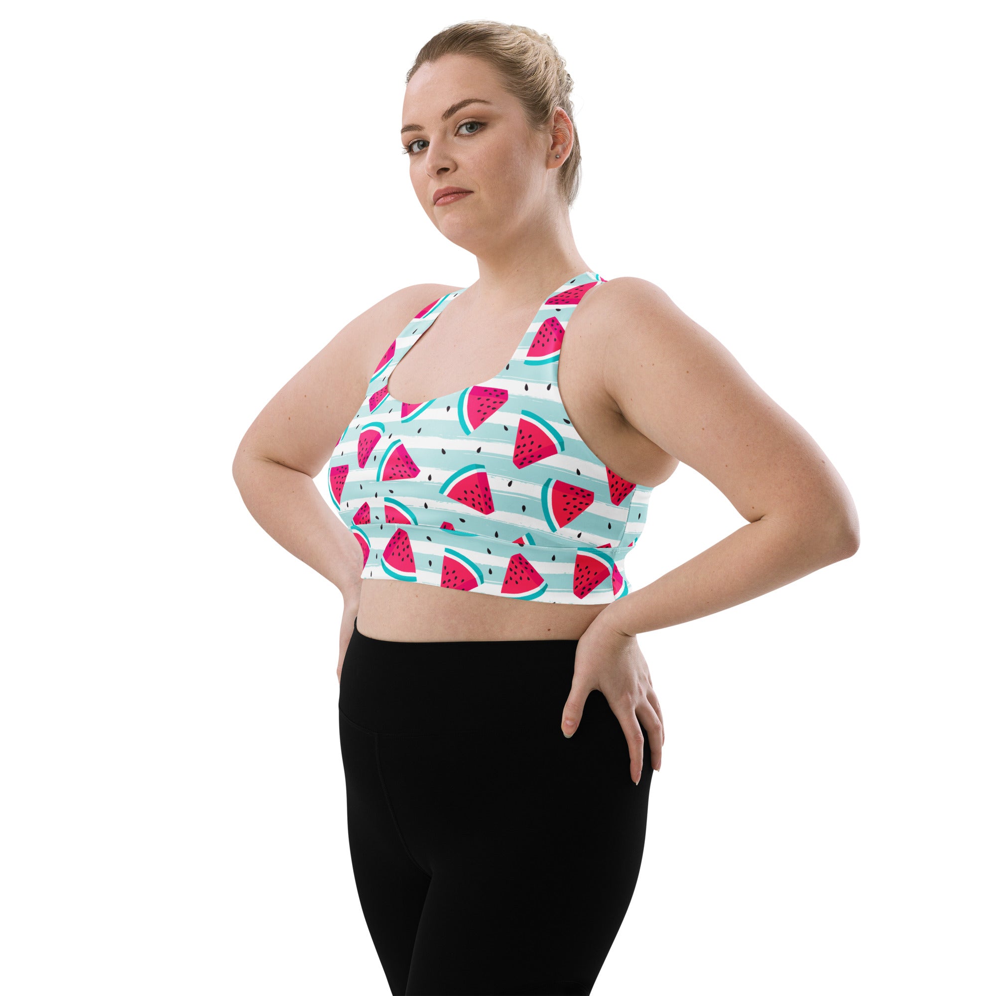 Women’s watermelon stripe buttery soft recycled longline sports bra with watermelon slice pattern and racerback design