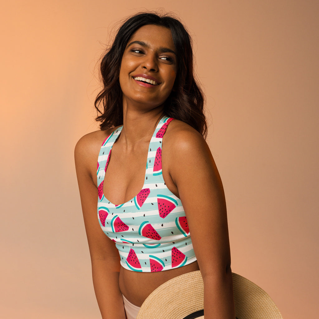 Women’s vibrant mint green and pink watermelon stripe crop top sports bra with thin straps and quick dry fabric