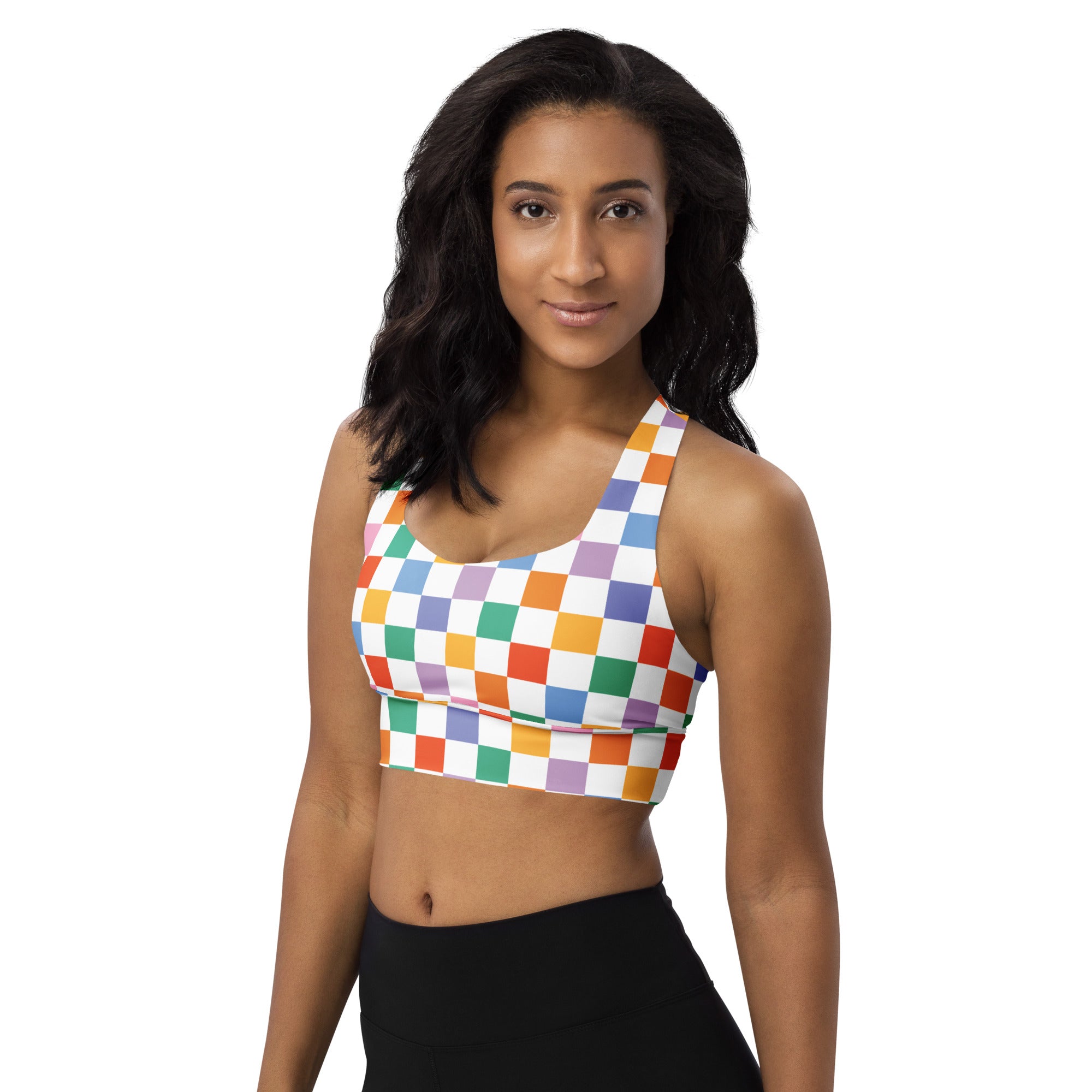 Women’s multicolor checker recycled longline sports bra with vibrant rainbow squares, high intensity support, and quick dry fabric
