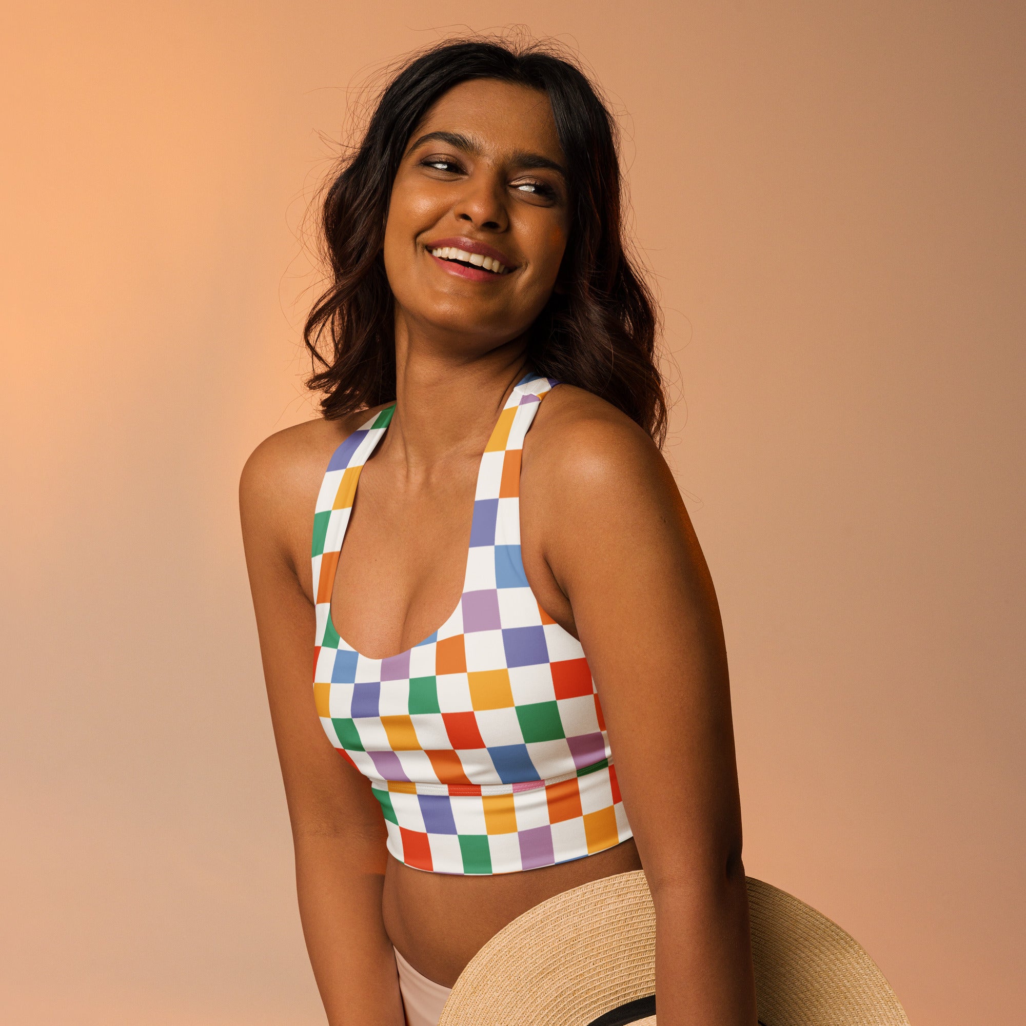 Women’s multicolor checker halter top with fitted cropped silhouette made from buttery soft recycled fabric