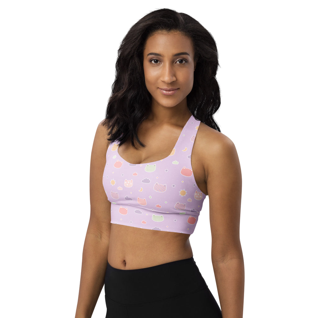 Lavender longline sports bra with pastel kawaii cats and clouds pattern made from buttery soft recycled fabric