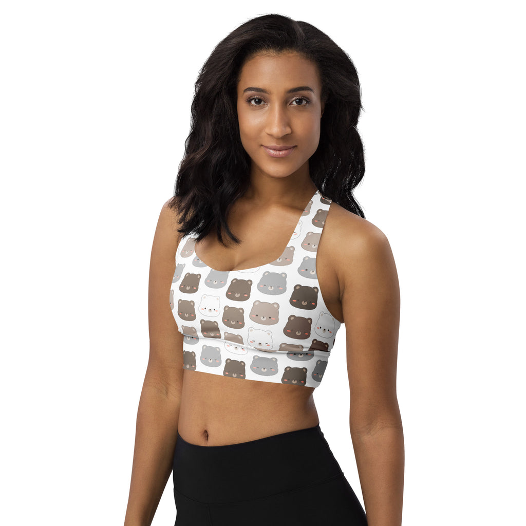 White longline sports bra with playful brown and gray bear faces print made of buttery soft recycled fabric