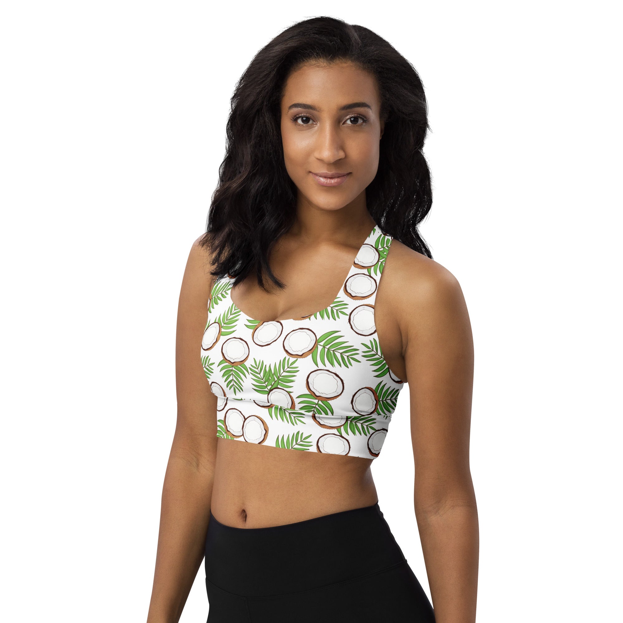 Women’s white longline sports bra with tropical coconut palm print in green and brown made from buttery soft recycled fabric