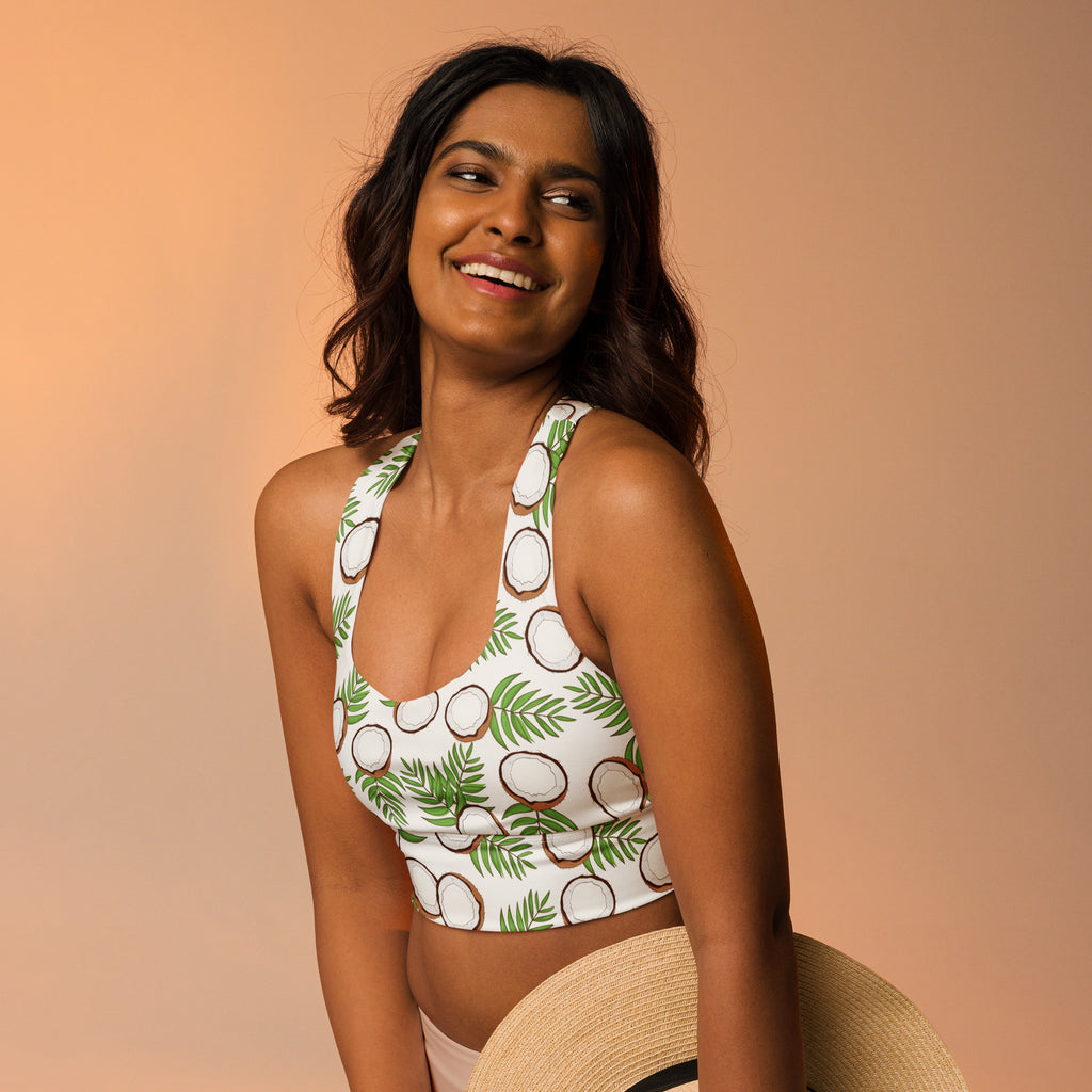 White longline sports bra with tropical coconut and green palm leaf print buttery soft recycled fabric