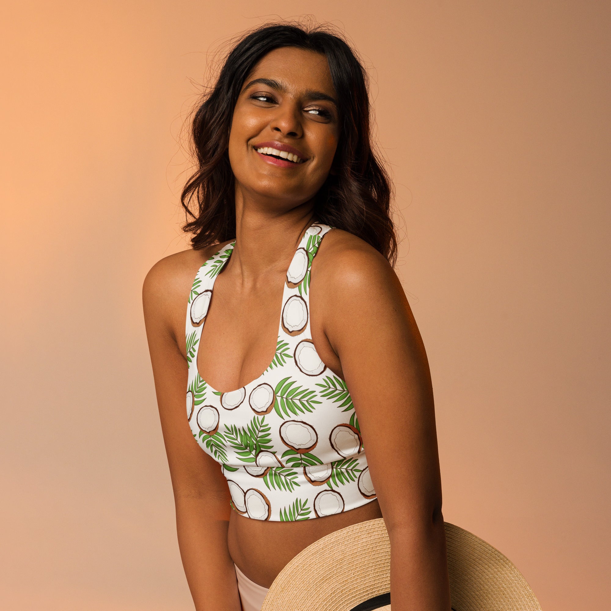 White longline sports bra with tropical coconut and green palm leaf print buttery soft recycled fabric