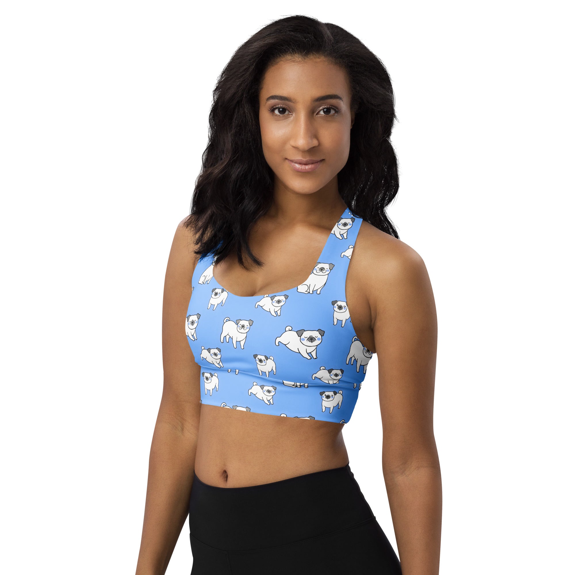 Light blue womens longline sports bra with playful white pug pattern buttery soft recycled fabric high intensity support