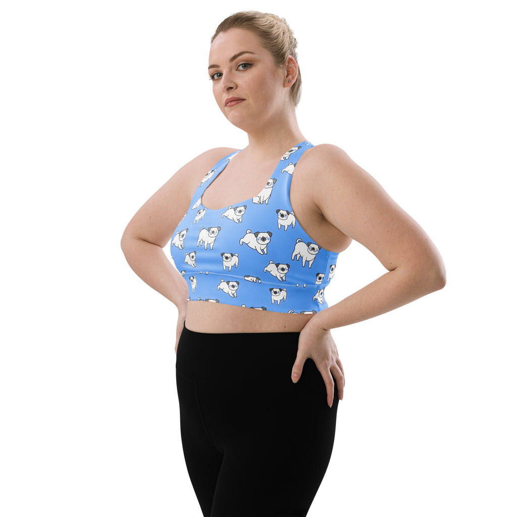 Women’s light blue longline sports bra with white pug pattern buttery soft recycled fabric high intensity support