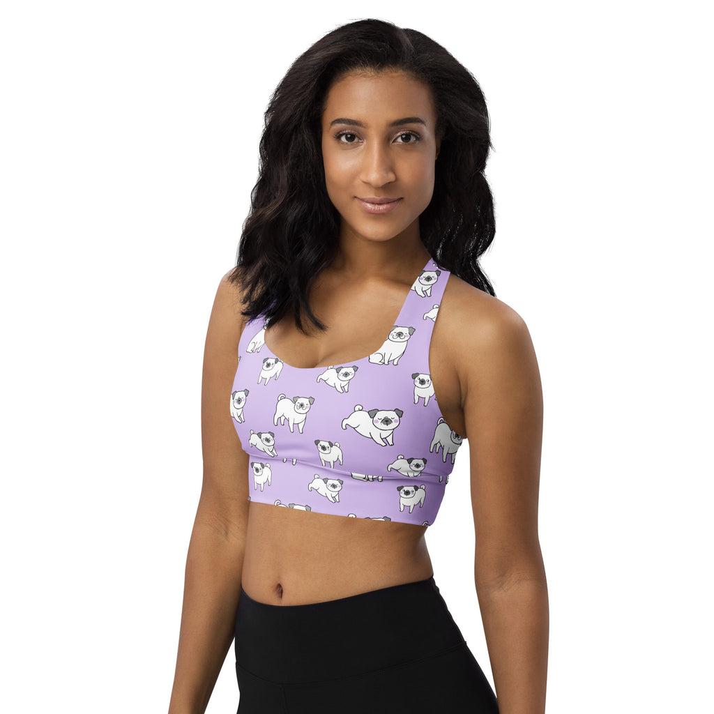 Women’s purple pug recycled longline sports bra with playful white pug pattern high intensity support and quick dry