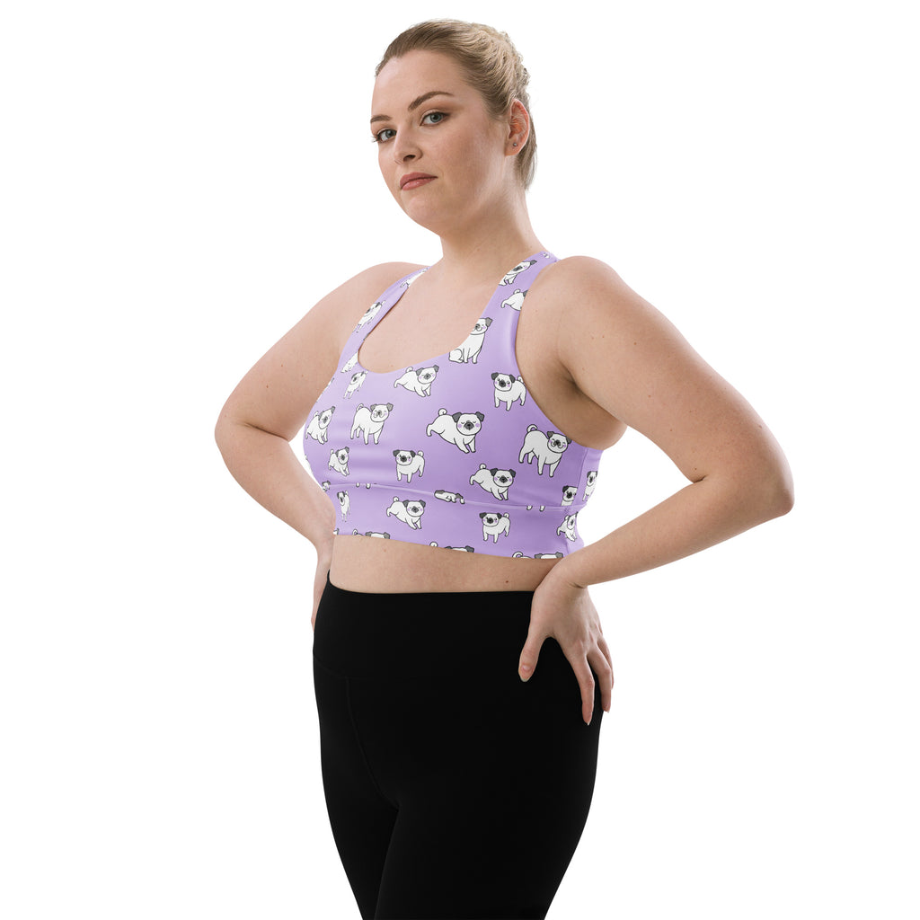 Women’s purple pug buttery soft recycled longline sports bra with white pug pattern high intensity support and UPF 50+