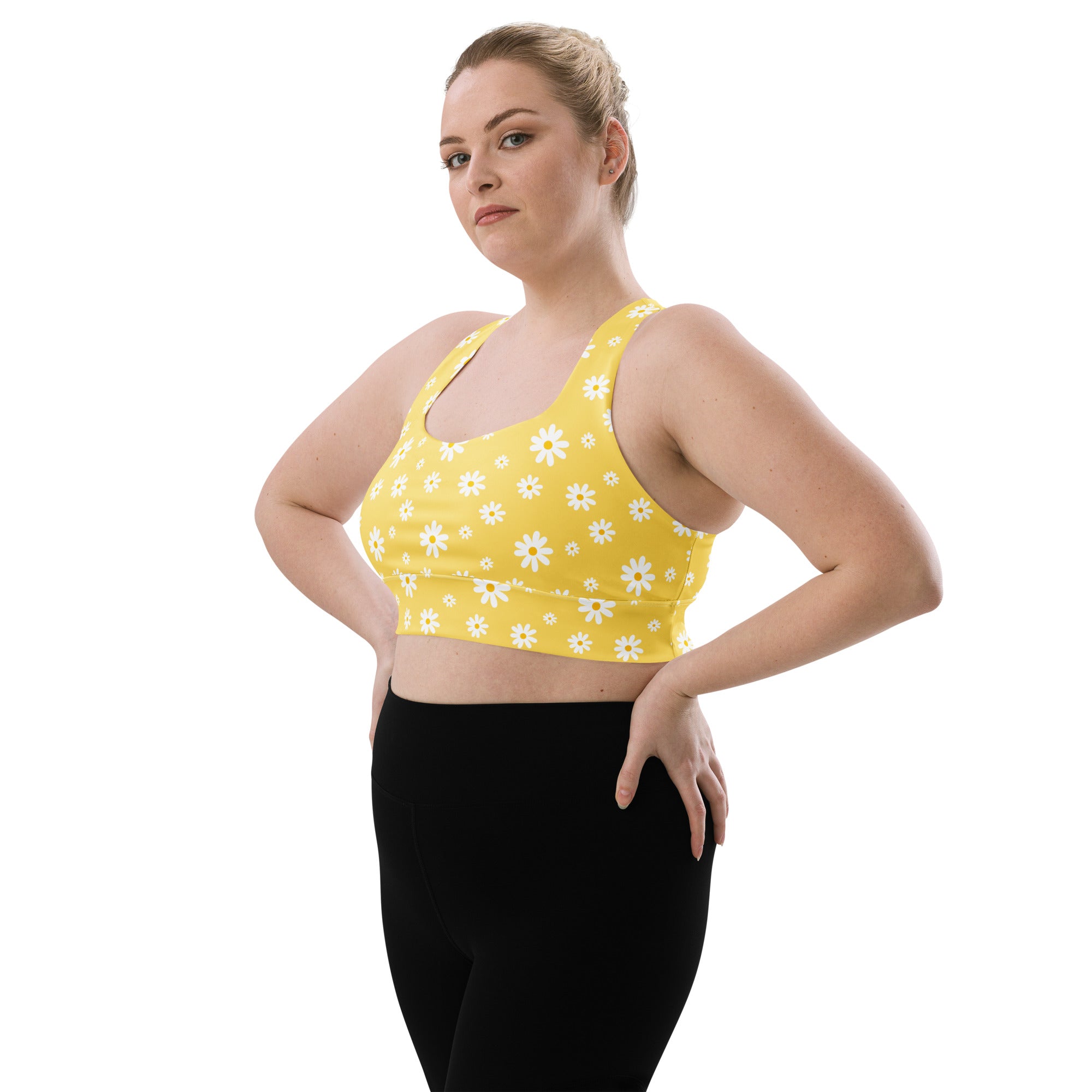 Women’s Yellow Daisy Buttery Soft Recycled Longline Sports Bra – High Intensity Support, Removable Padding, Quick Dry & UPF 50+