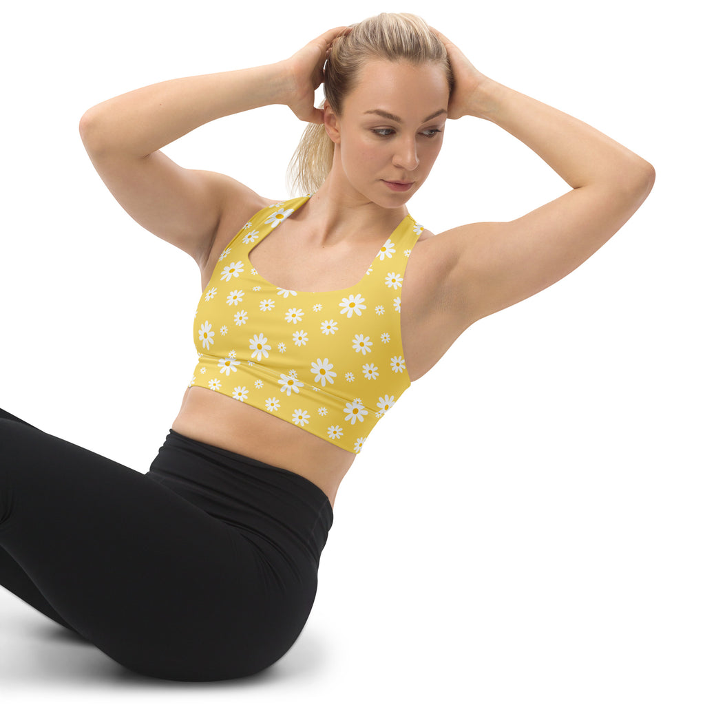 Women’s Yellow Daisy Buttery Soft Recycled Longline Sports Bra – High Intensity Support, Removable Padding, Quick Dry & UPF 50+