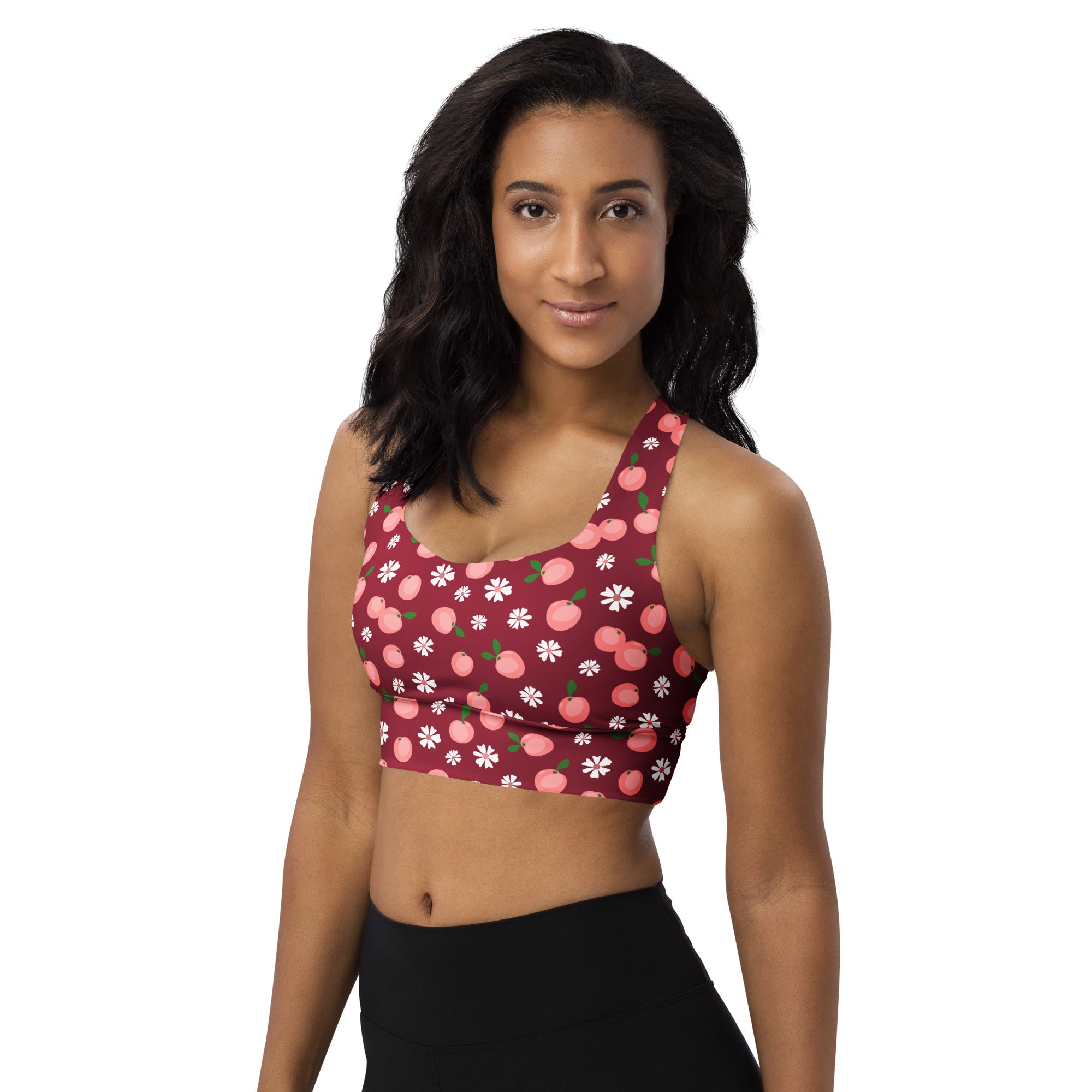Women’s maroon cherry floral print longline sports bra with peach and daisy pattern high intensity support