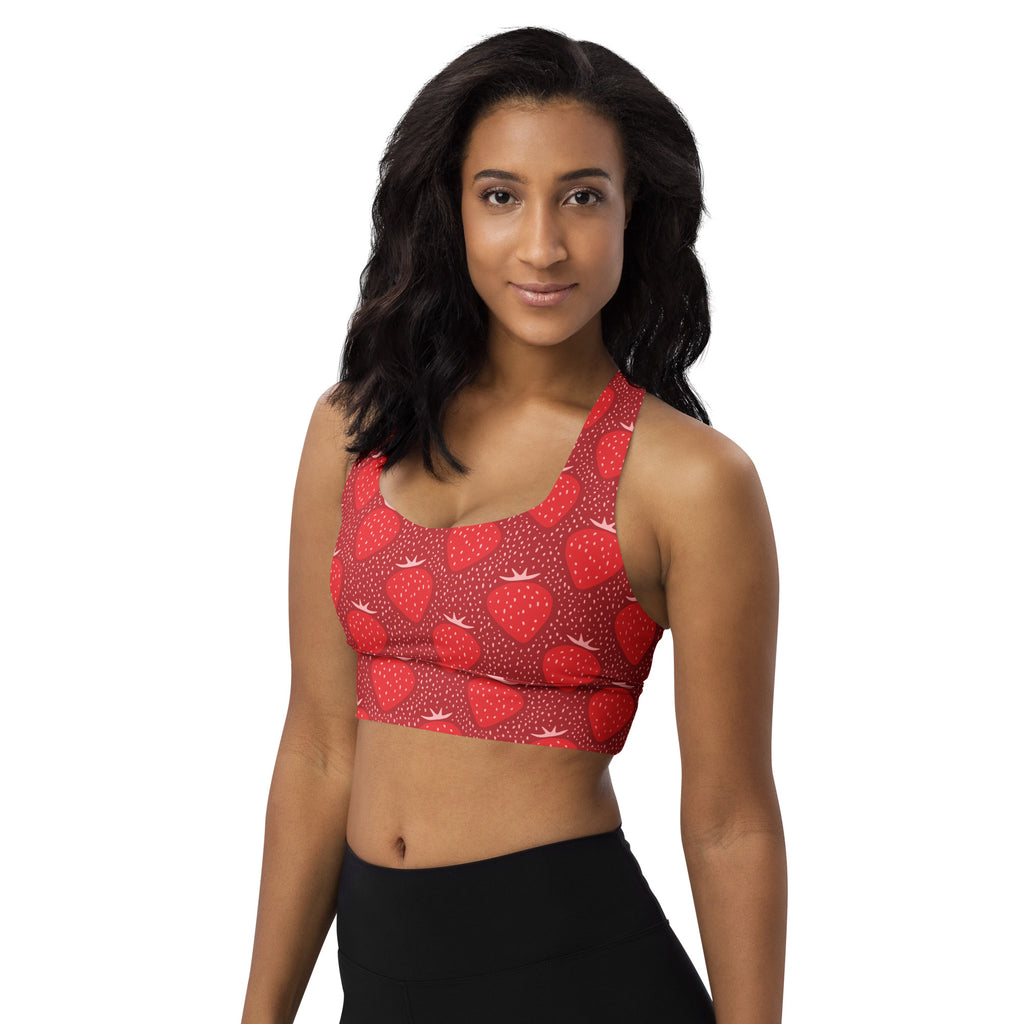 Red strawberry print buttery soft recycled longline sports bra with white dots halter neck and high intensity support