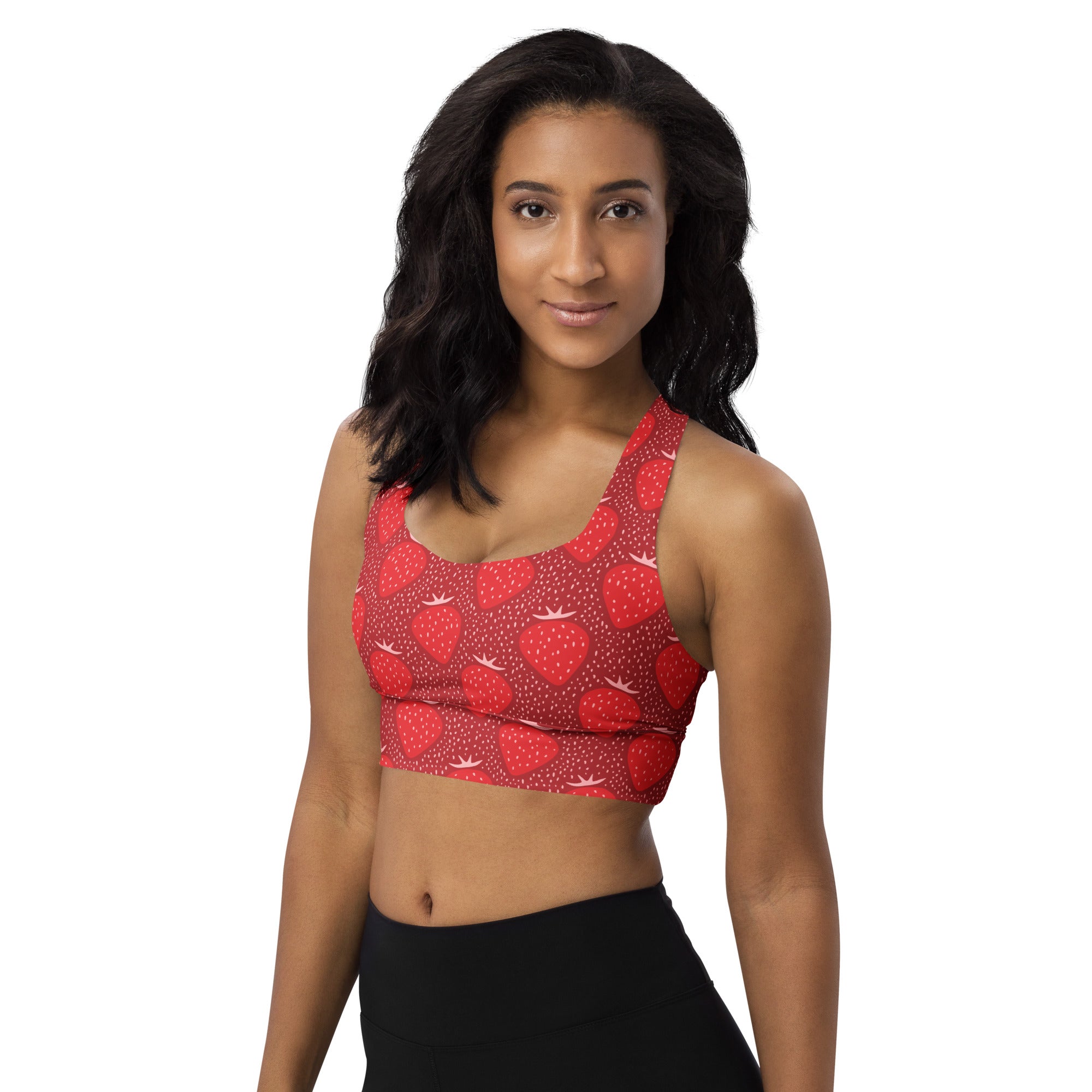 Red strawberry print buttery soft recycled longline sports bra with white dots halter neck and high intensity support