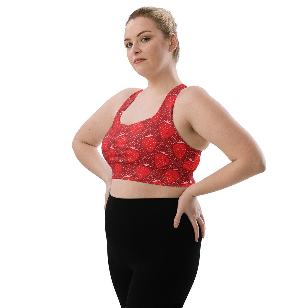 Women’s red strawberry print longline sports bra with high intensity support buttery soft recycled fabric