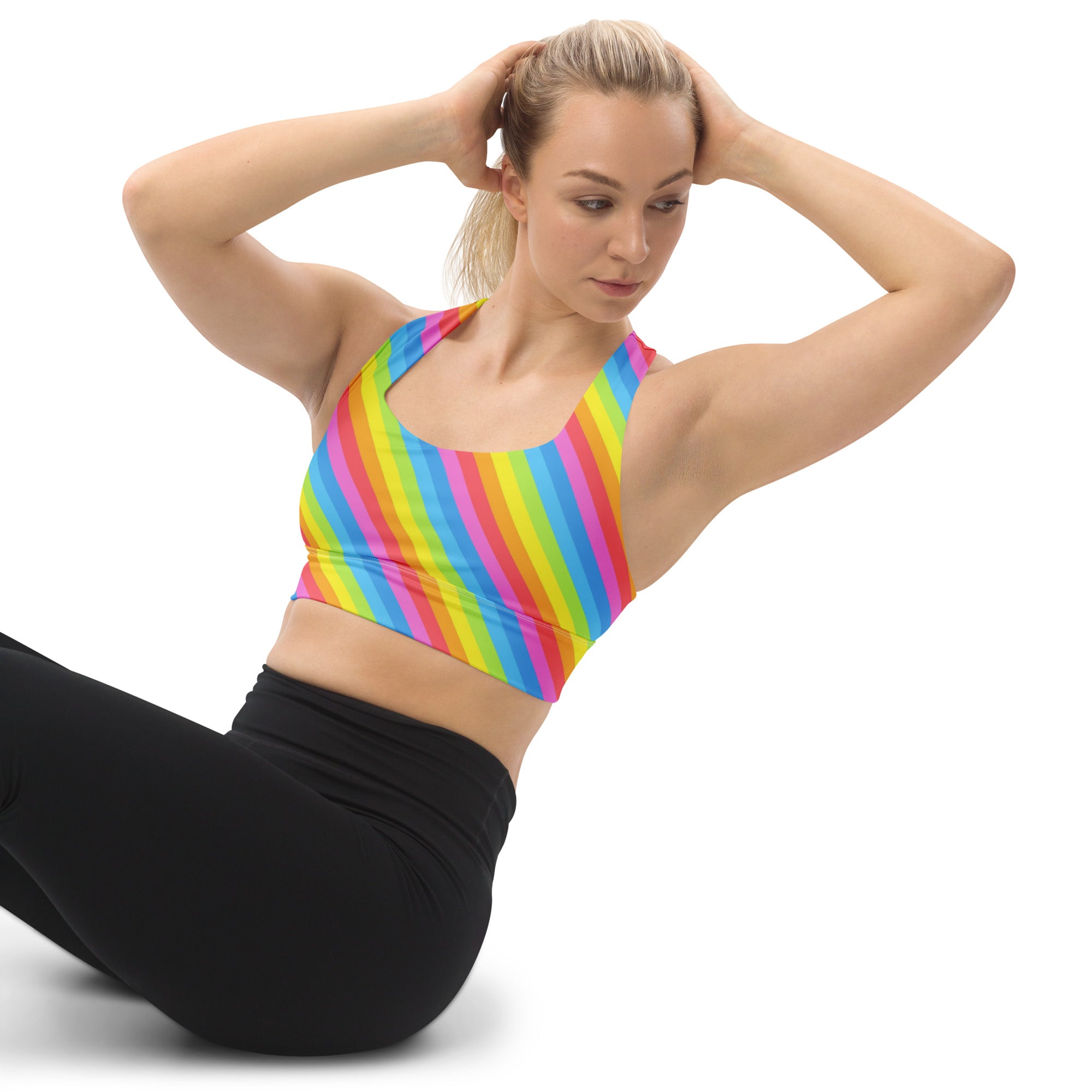 Women’s Rainbow Stripe Buttery Soft Recycled Longline Sports Bra – High Intensity Support, Removable Padding, Quick Dry & UPF 50+