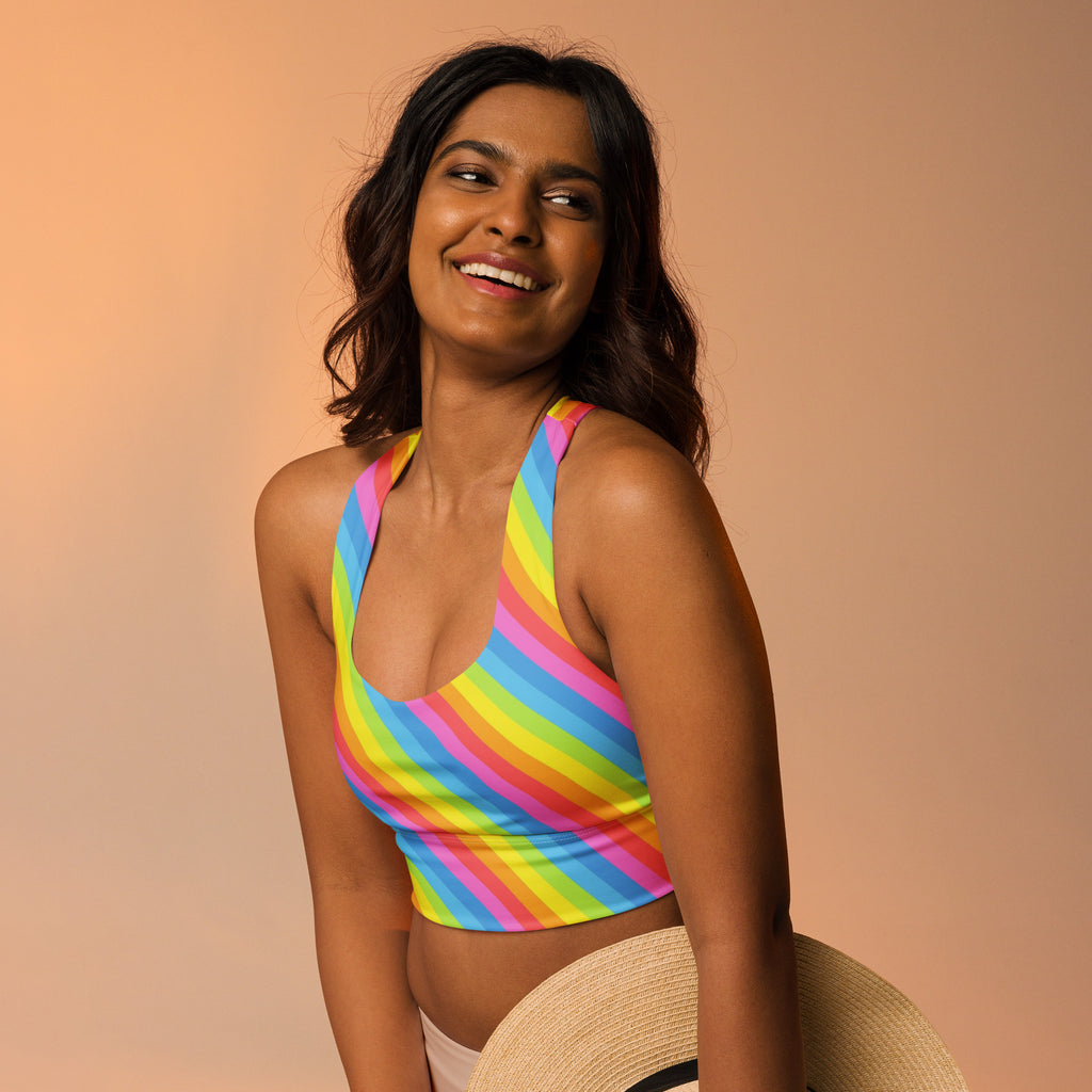 Women’s Rainbow Stripe Buttery Soft Recycled Longline Sports Bra – High Intensity Support, Removable Padding, Quick Dry & UPF 50+