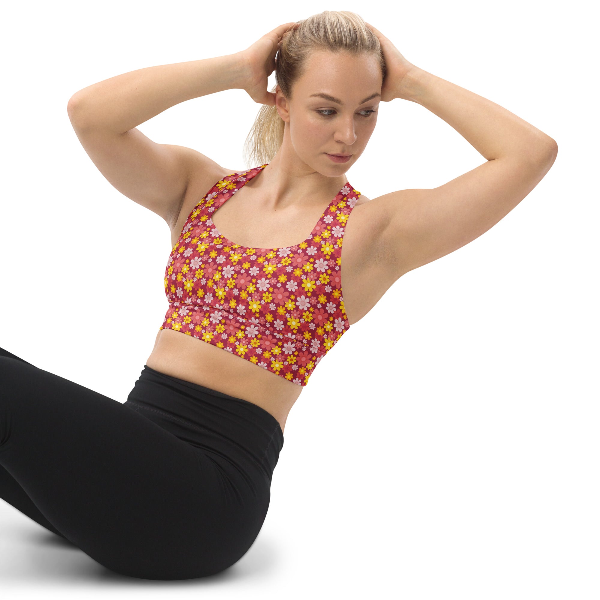 Women’s red floral buttery soft recycled longline sports bra with vibrant pink and yellow halter neckline pattern
