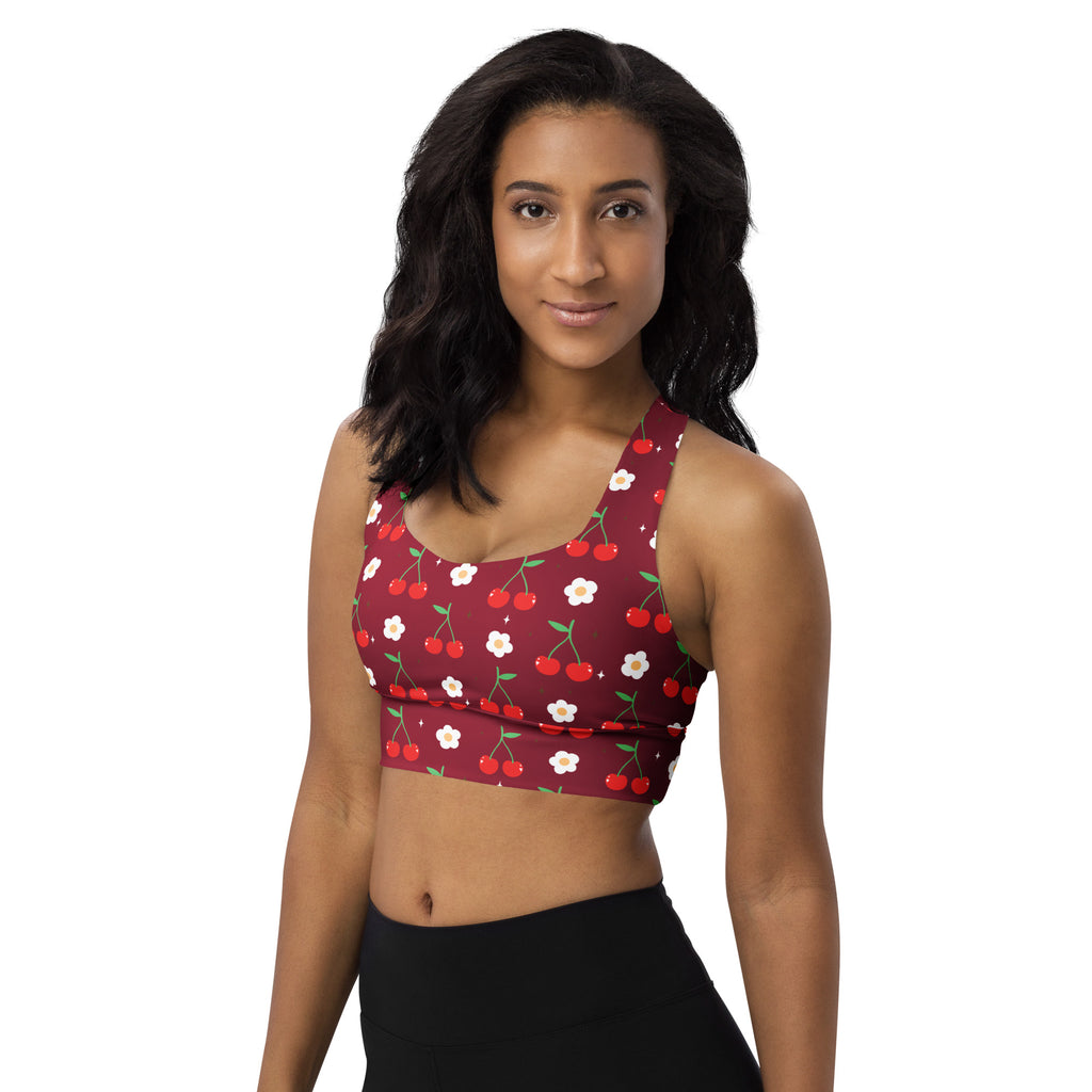 Women’s maroon cherry print buttery soft recycled longline sports bra with high intensity support and quick dry fabric