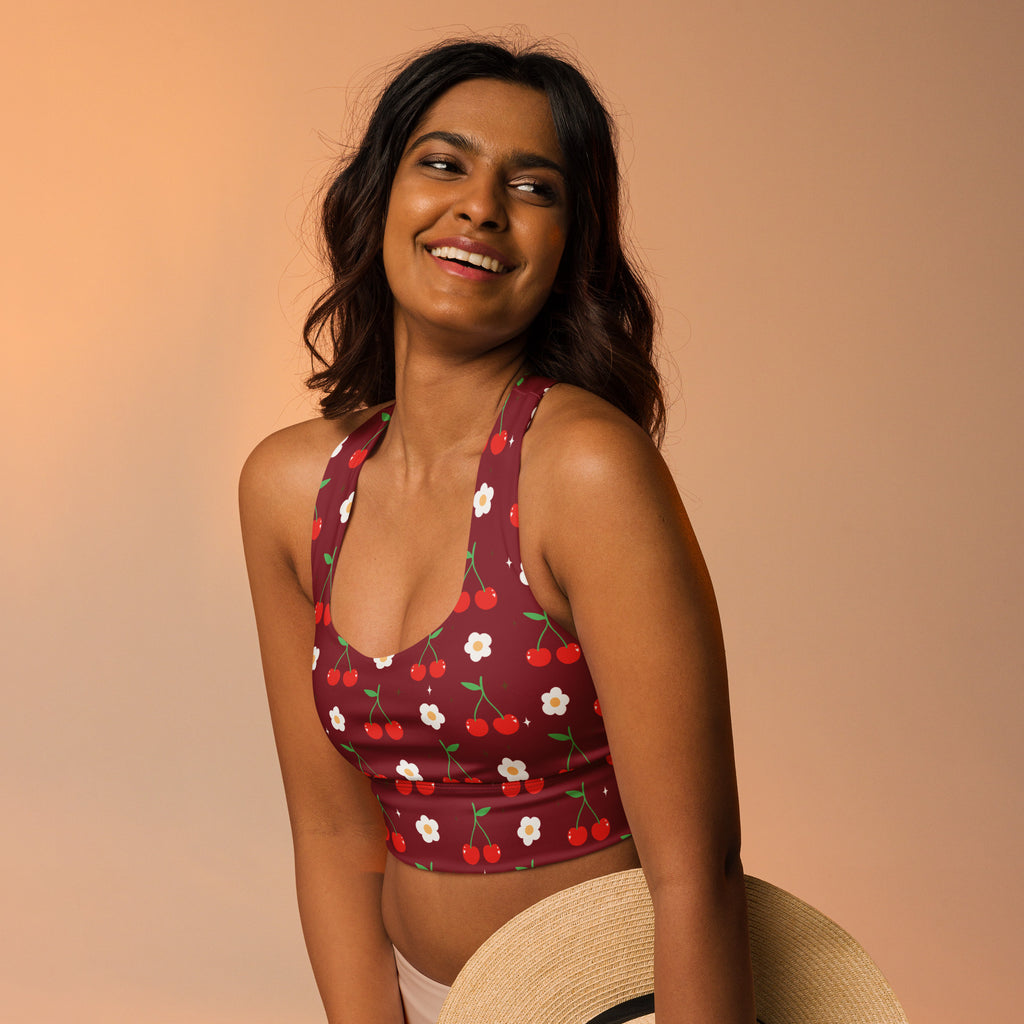 Women’s maroon cherry print longline sports bra with white flower pattern buttery soft recycled fabric high support