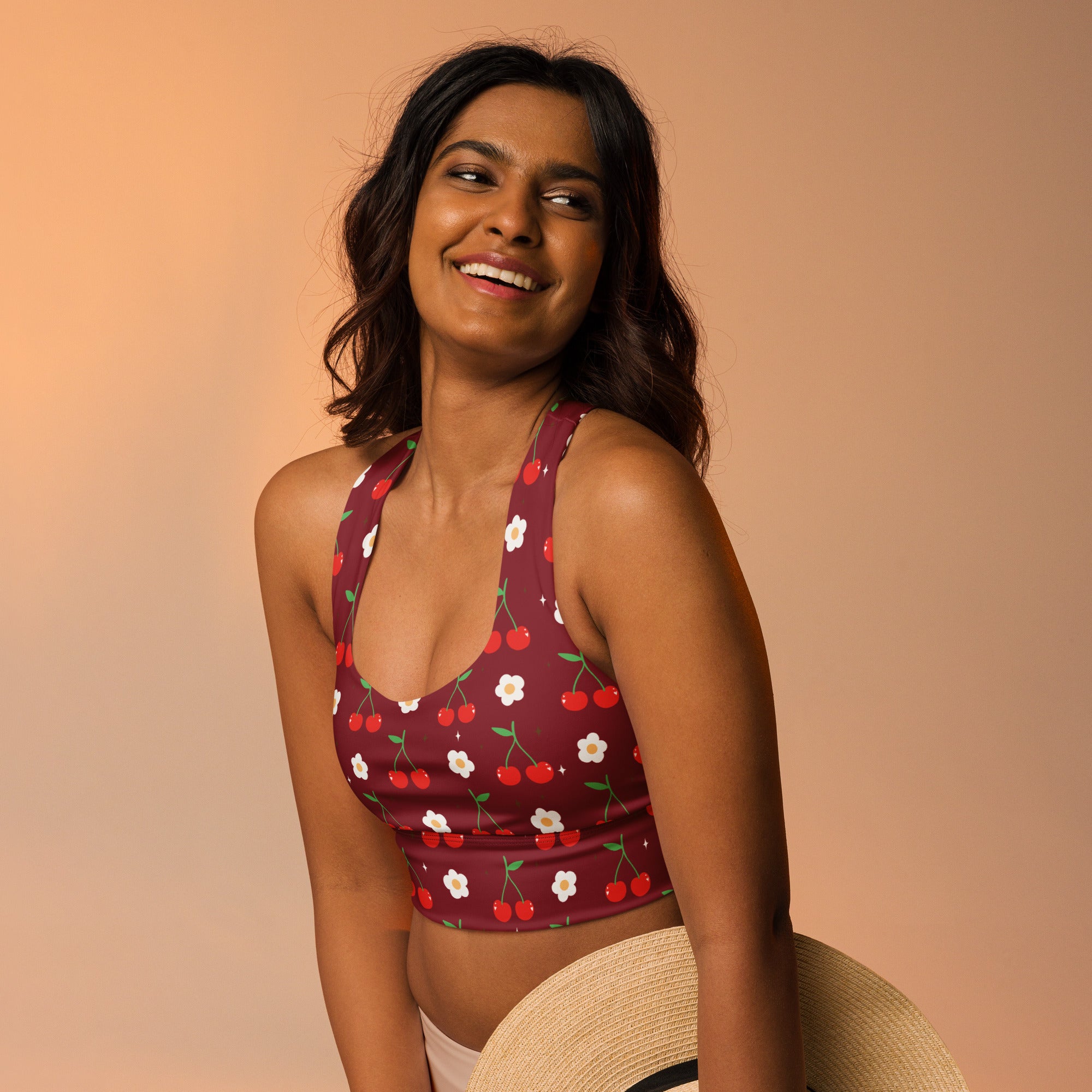 Women’s maroon cherry print longline sports bra with white flower pattern buttery soft recycled fabric high support