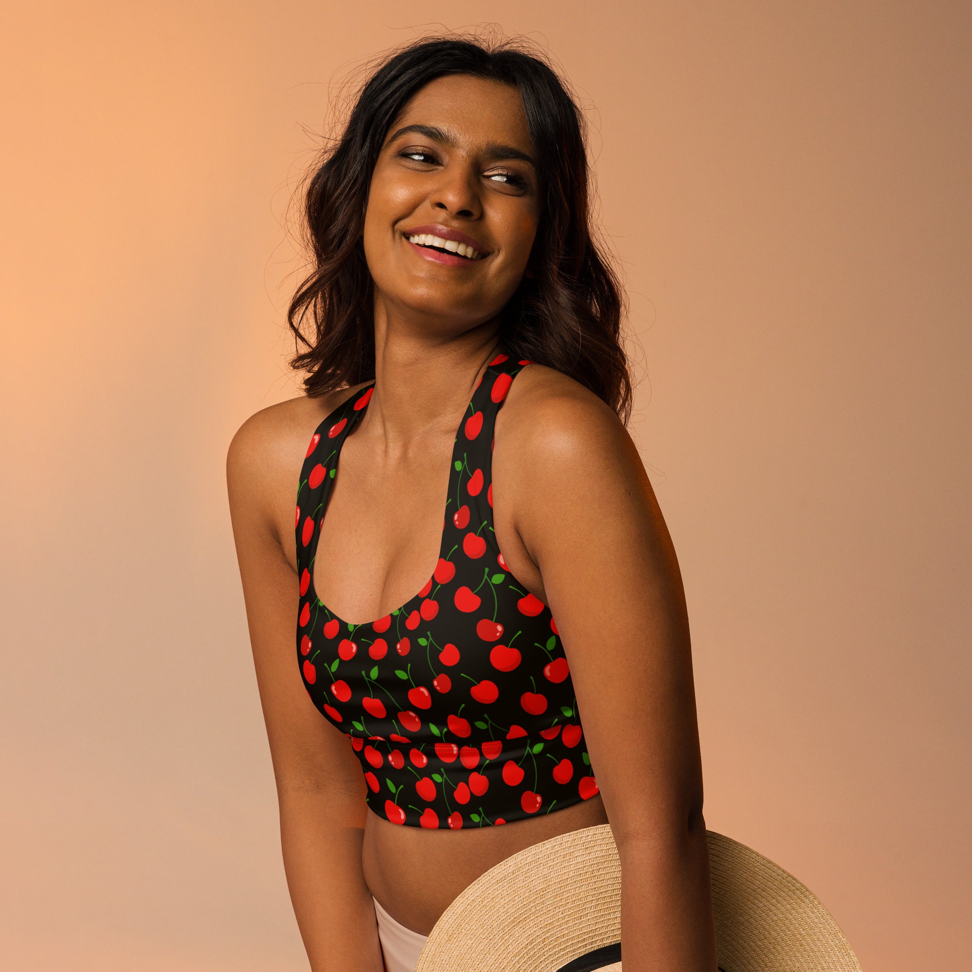 Women’s black cherry print longline sports bra with buttery soft recycled fabric high intensity support and quick dry
