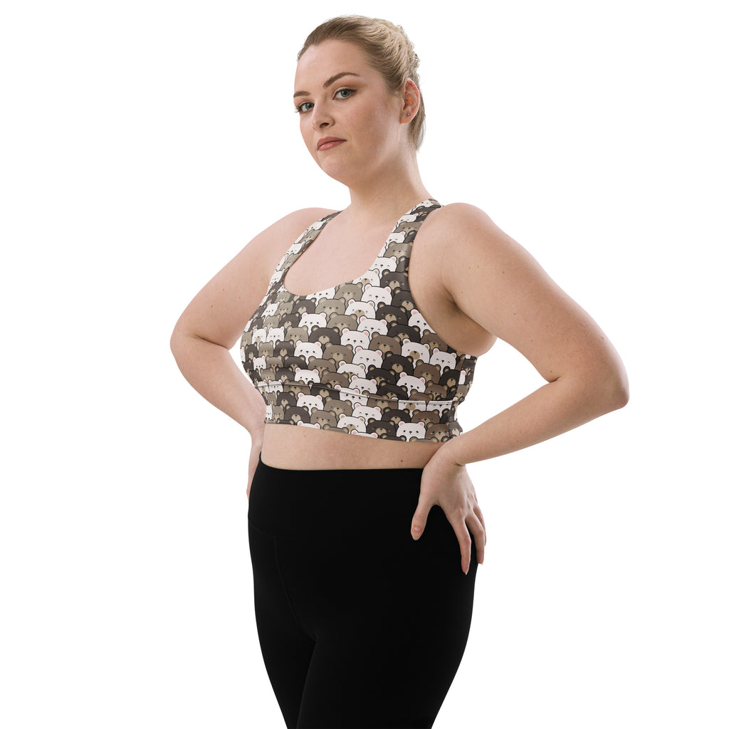 Plus-size women’s bear face longline sports bra with cartoon bear pattern in gray and white, buttery soft recycled fabric