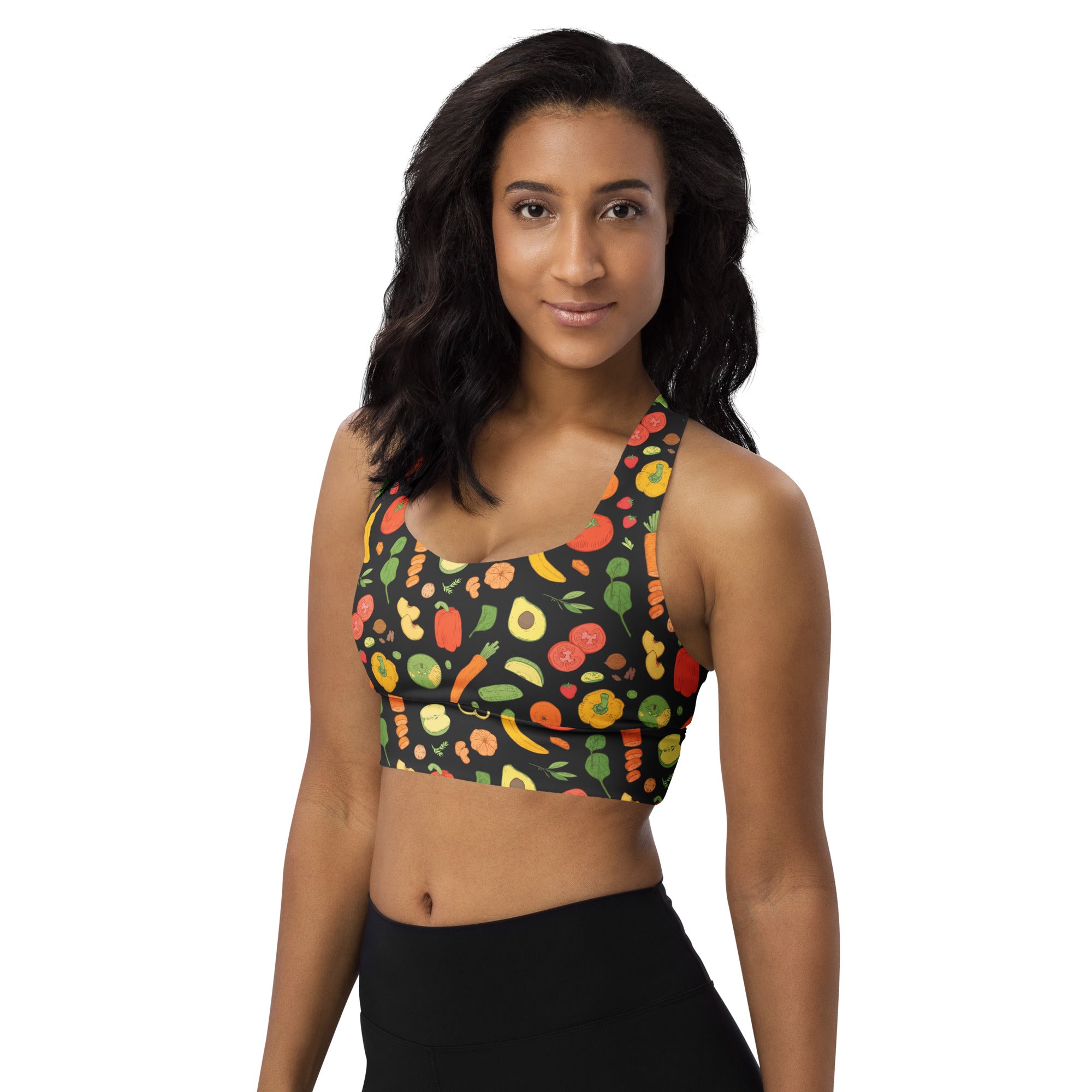 Women’s black longline sports bra with colorful veggie print buttery soft recycled fabric high intensity support