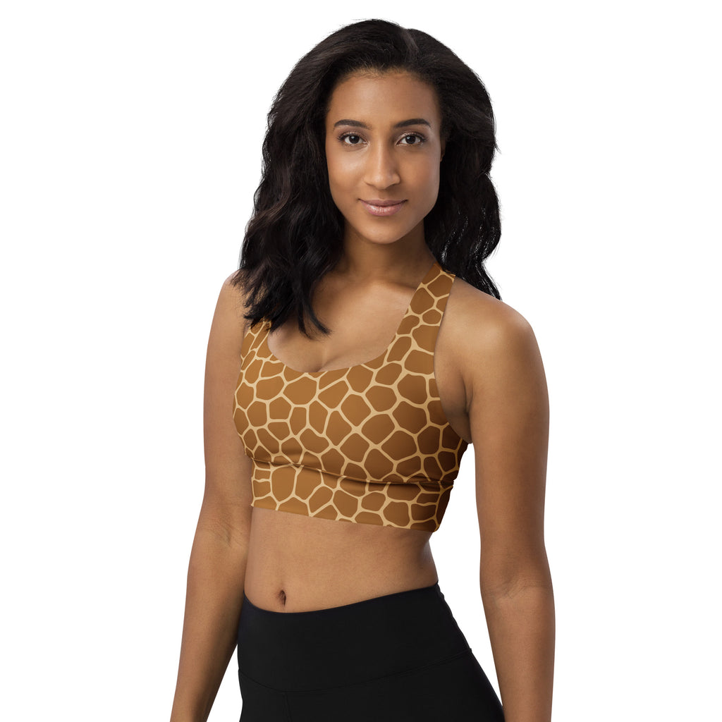 Women’s giraffe print buttery soft recycled longline sports bra in tan and beige with high intensity support