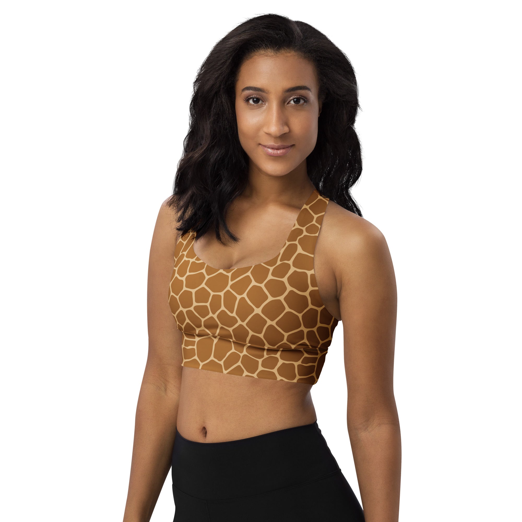 Women’s giraffe print buttery soft recycled longline sports bra in tan and beige with high intensity support