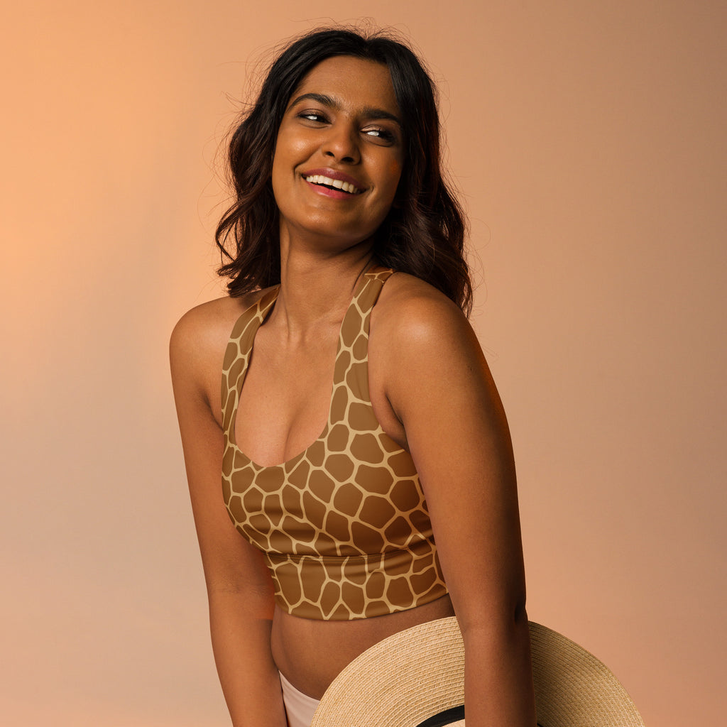 Women’s giraffe print buttery soft recycled longline sports bra in brown and cream with high intensity support and removable padding