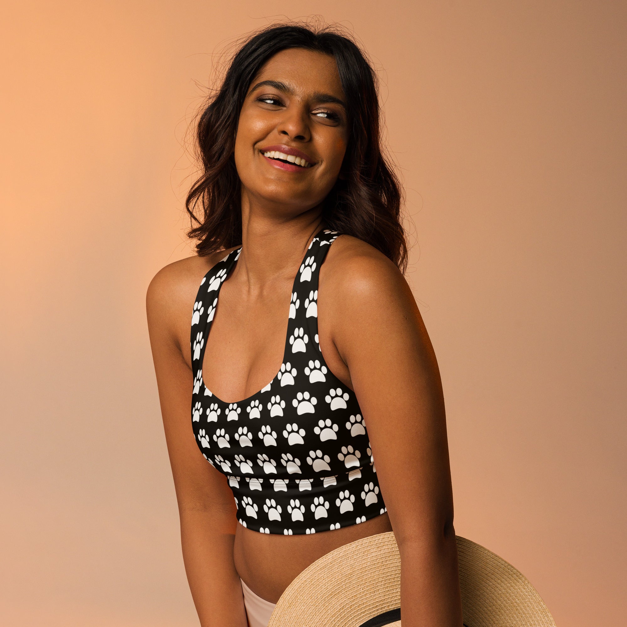Women’s black paw print buttery soft recycled longline sports bra with high intensity support and removable padding