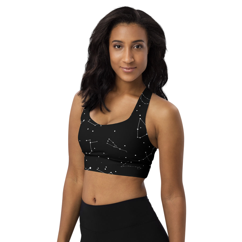 Women’s black recycled longline sports bra with white constellation print buttery soft high intensity support