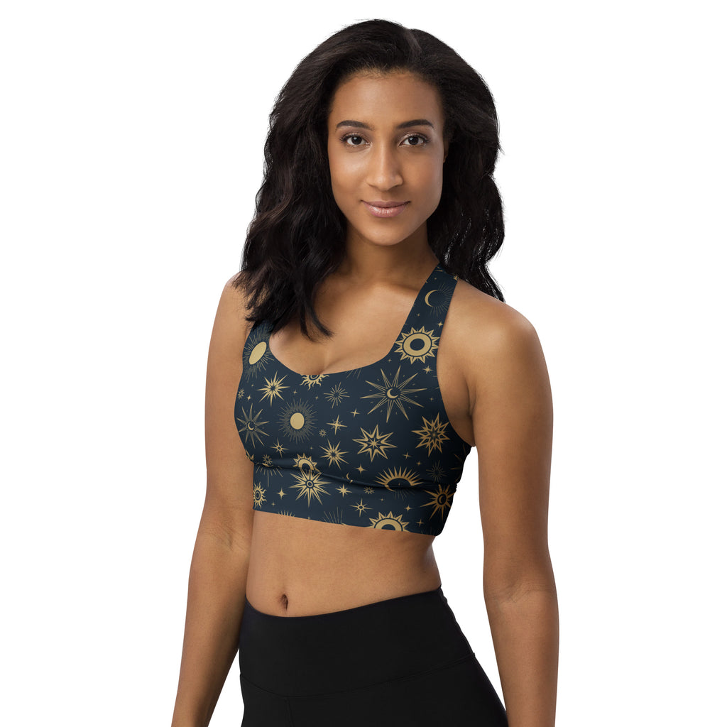 Dark blue womens celestial sun and moon recycled longline sports bra with gold patterns high intensity support